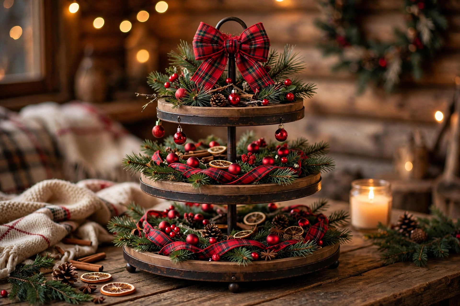 Plaid and pine tray — Christmas tiered tray idea