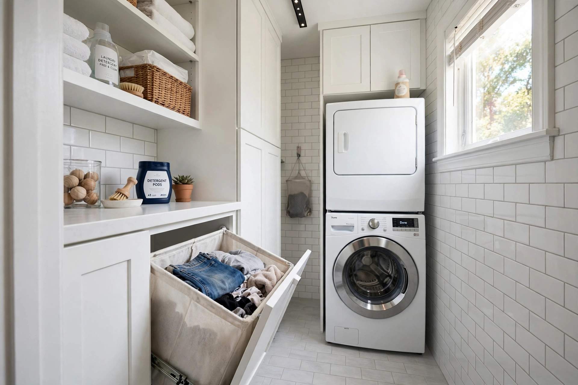 Pull-out tilt hamper — small narrow laundry room idea