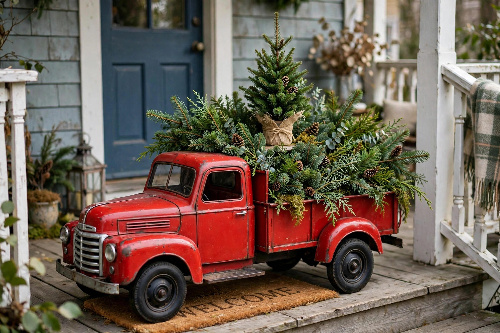 Vintage red toy truck loaded with mini evergreens and a tiny tree on a porch.