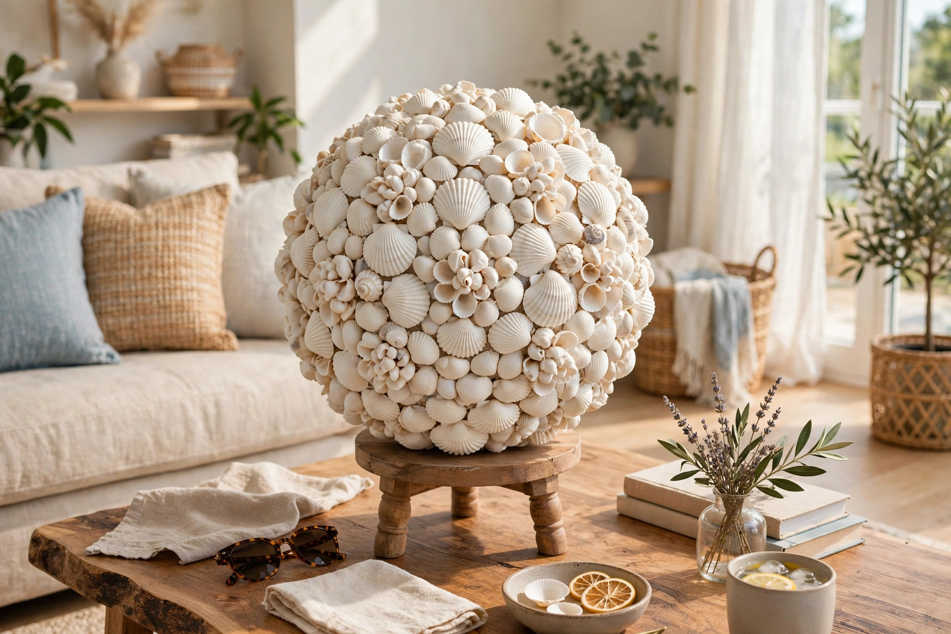 Round topiary made of clustered white shells on a small wooden stand on a coffee table in a bright living room.