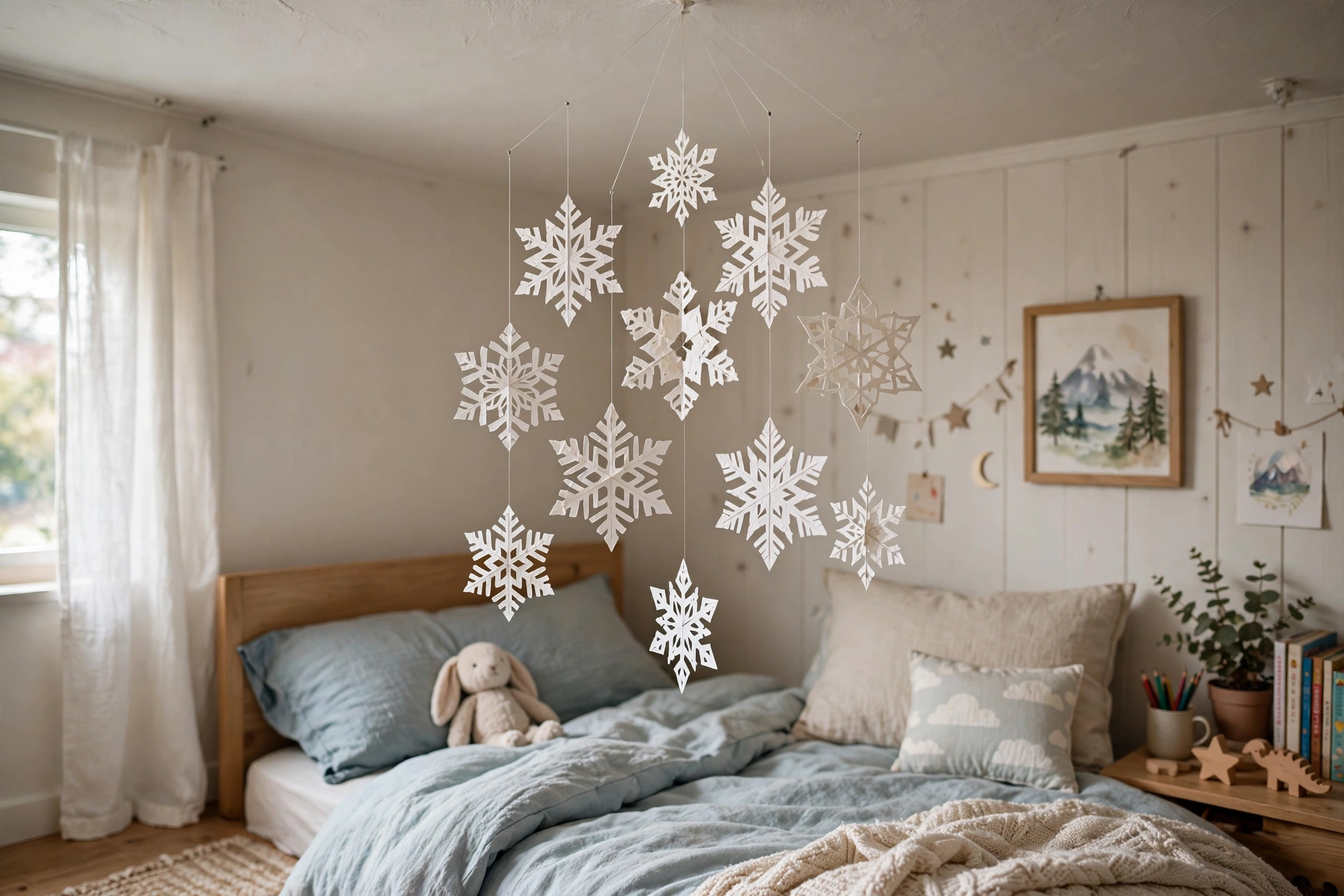 Snowflake mobile — Christmas bedroom idea for kids
