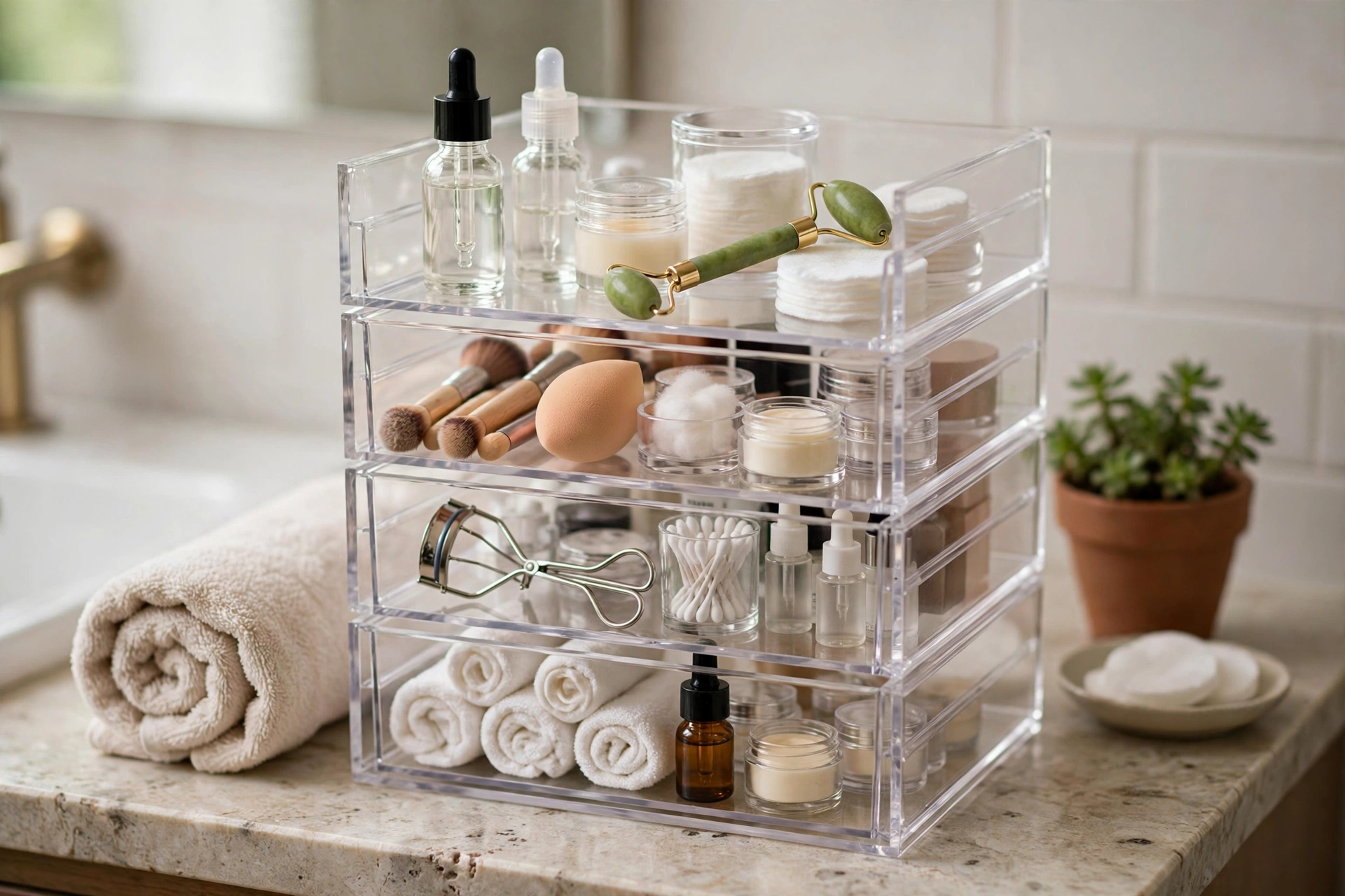 Stackable clear acrylic drawers on a small bathroom counter filled with skincare products and cosmetics, realistic photo, no text
