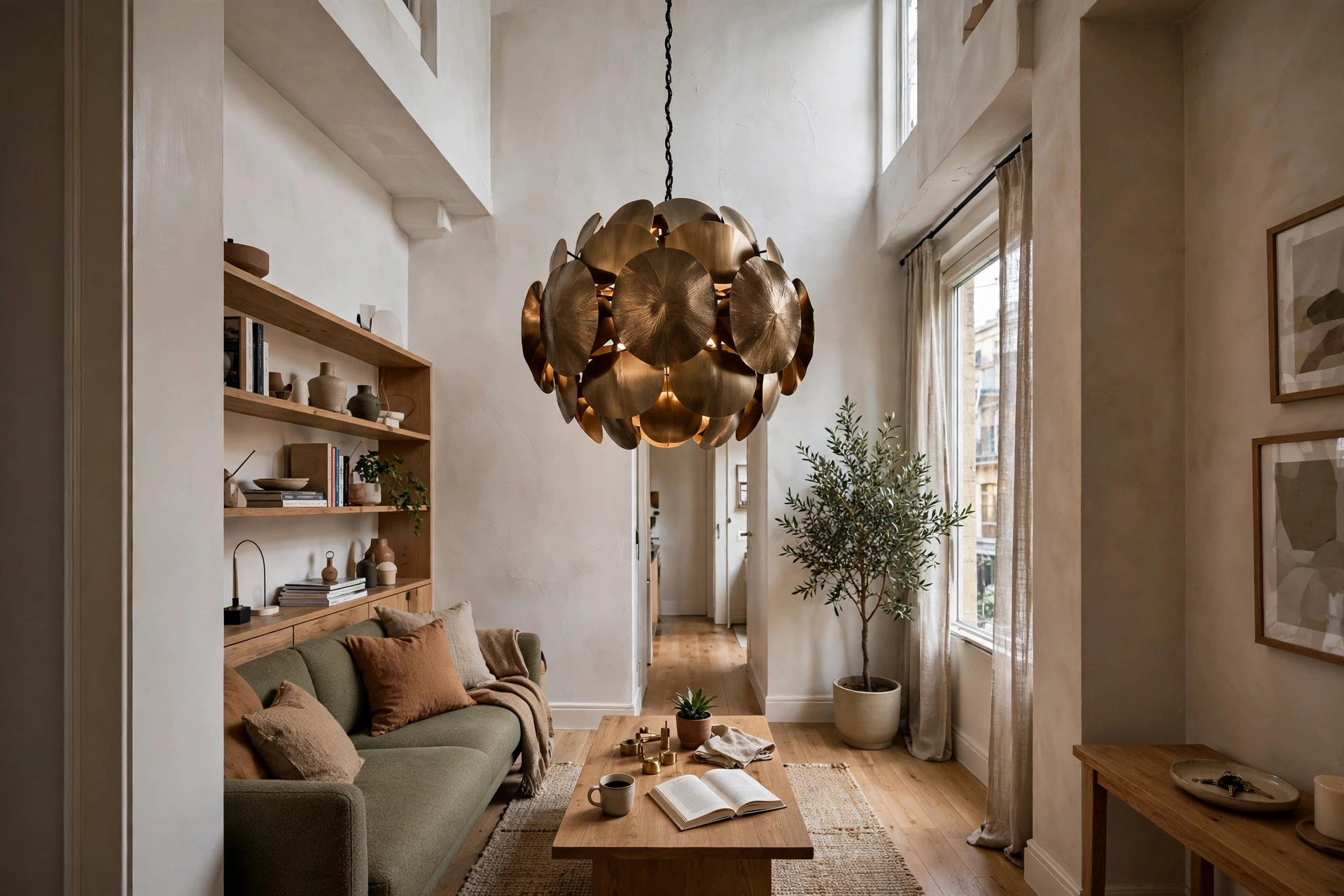 Statement pendant light — narrow living room idea
