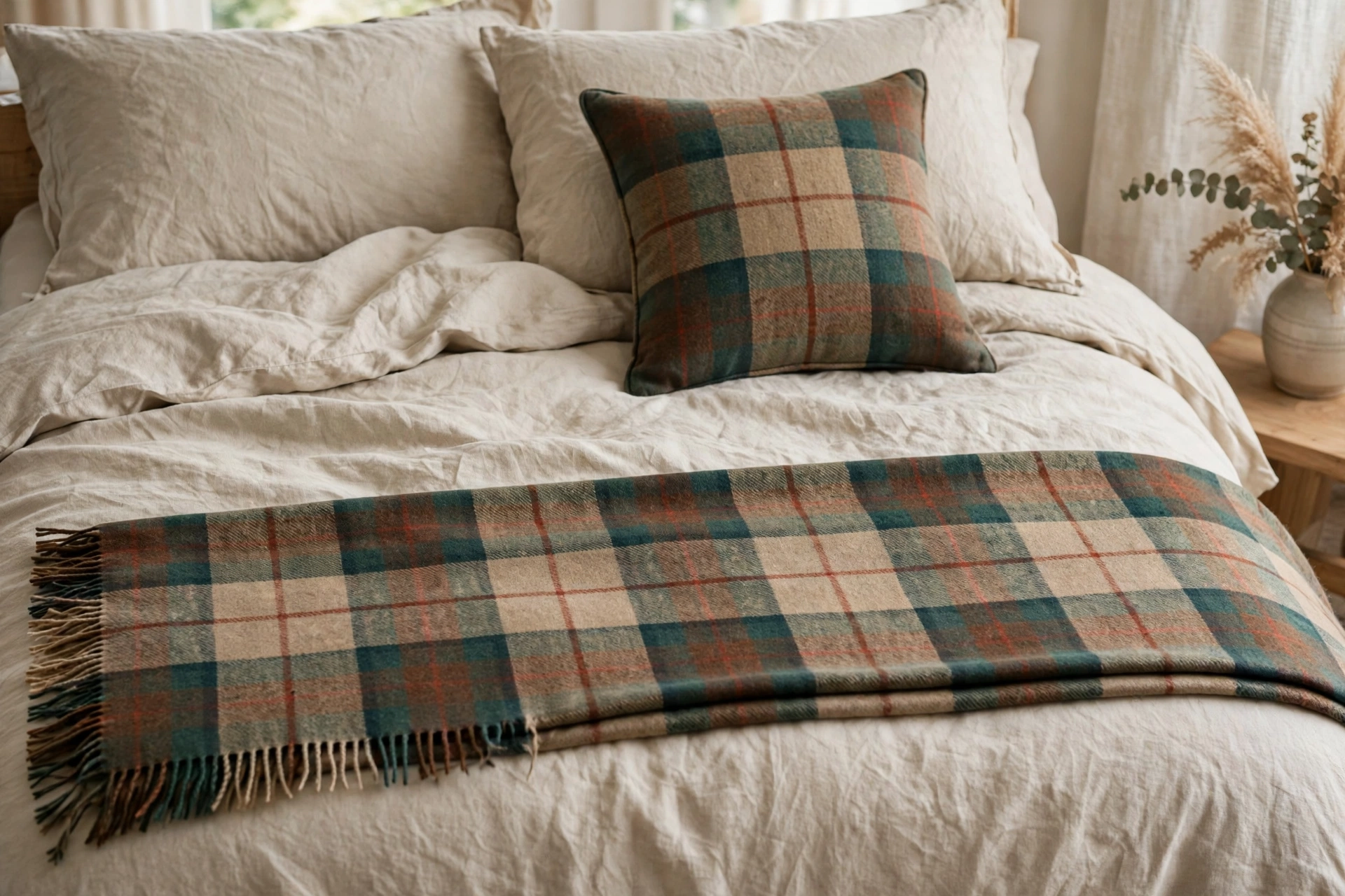 Tartan throw laid as a bed scarf over neutral bedding with a matching cushion.