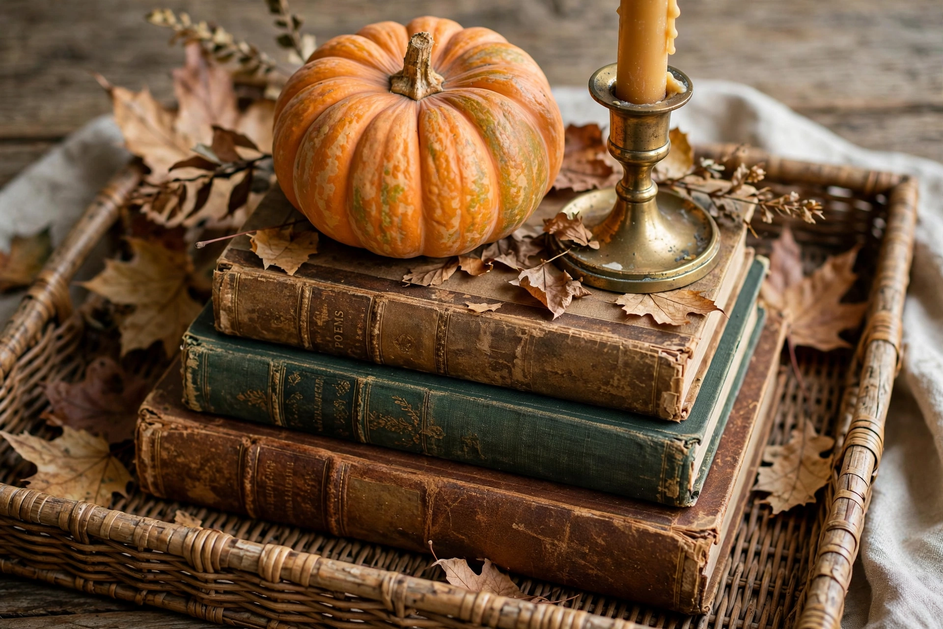 Tray with stacked vintage books topped with a small pumpkin, brass candlestick, and dried leaves.