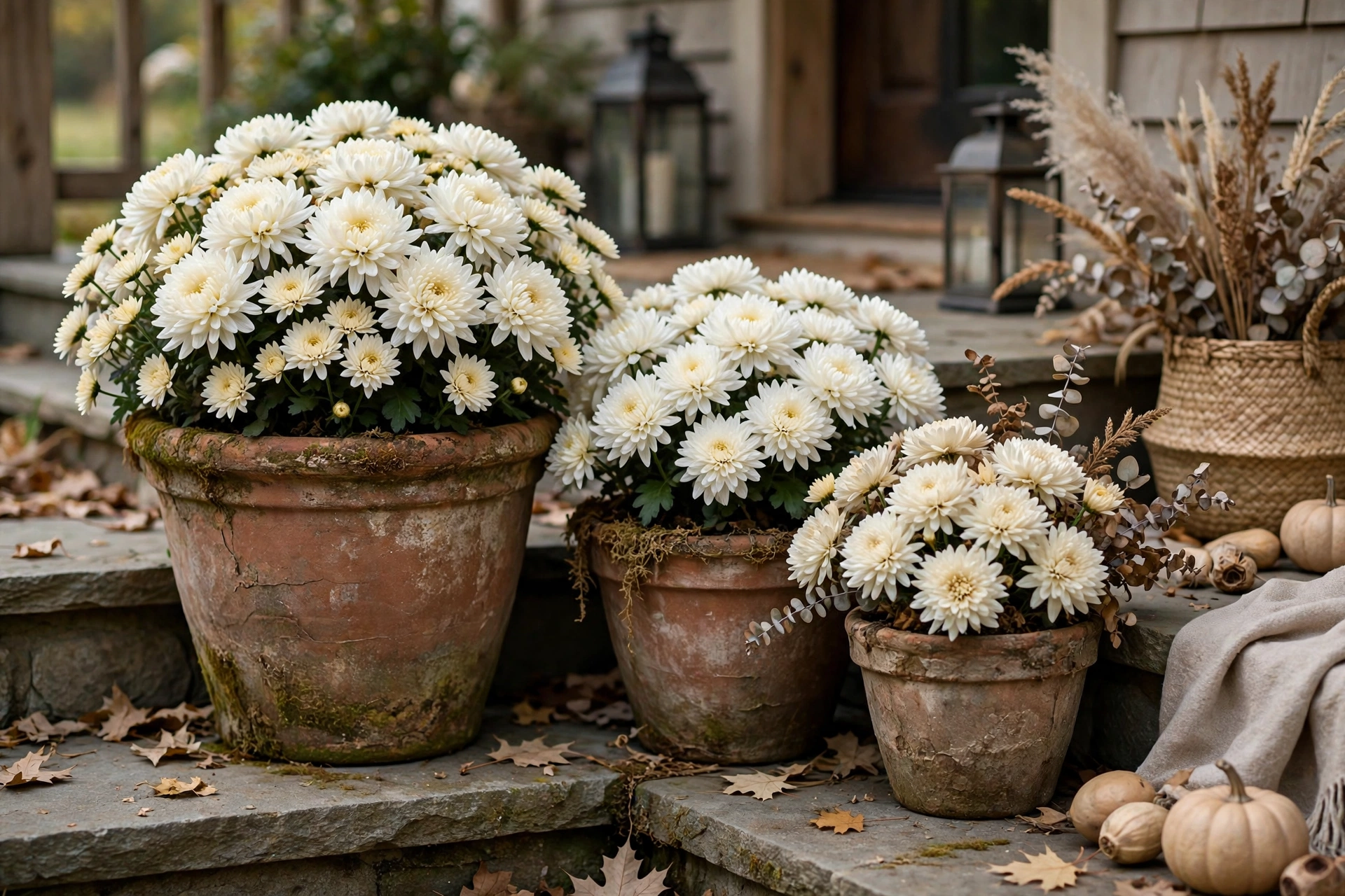 Weathered clay pots with white and cream mums grouped by porch steps.