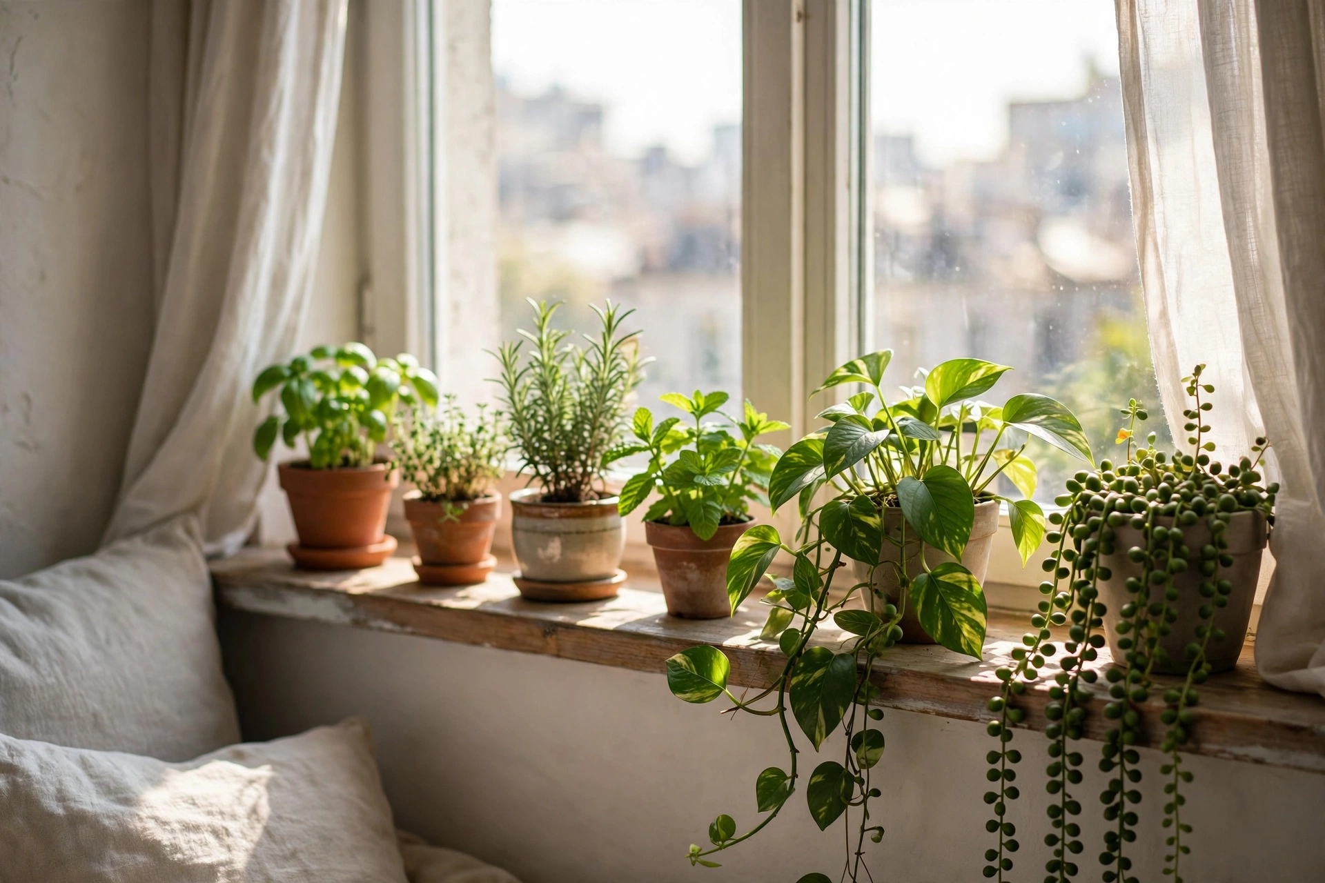 A sunny studio apartment windowsill lined with small potted herbs and trailing plants