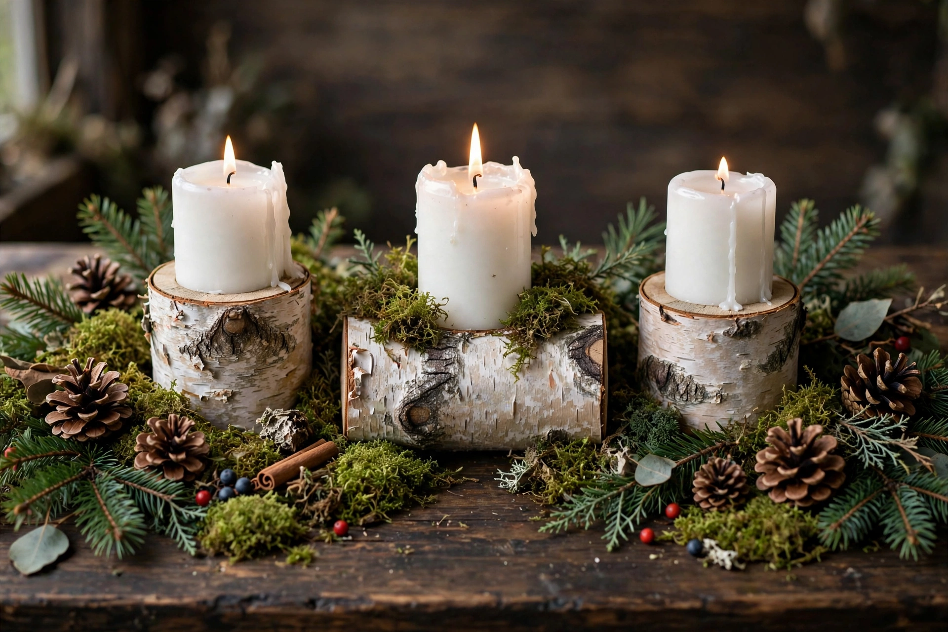 Birch log candle holders with white candles, moss, and pinecones on a dark wood table.