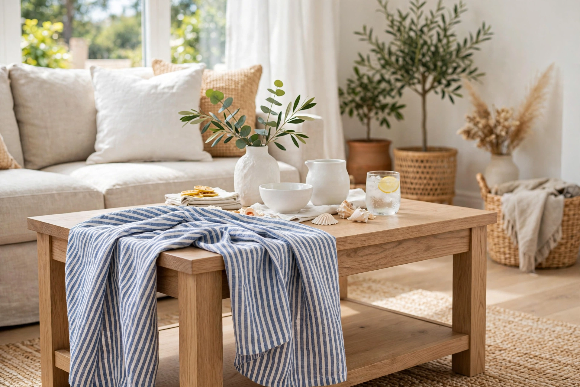 Blue and white striped textile draped over one corner of a coffee table with white ceramics in a bright living room.