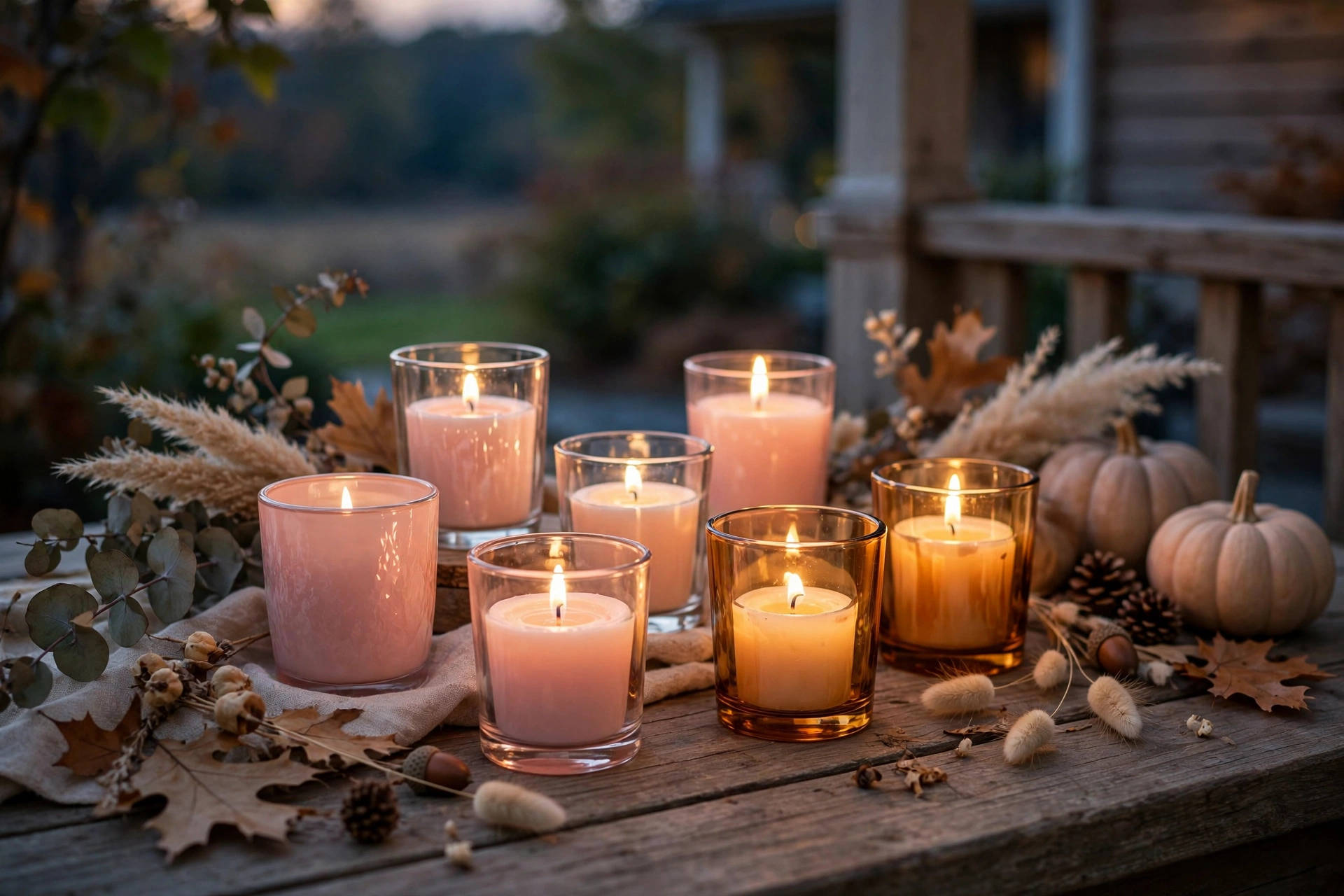 Blush and amber glass votive holders with lit candles on a porch at dusk.