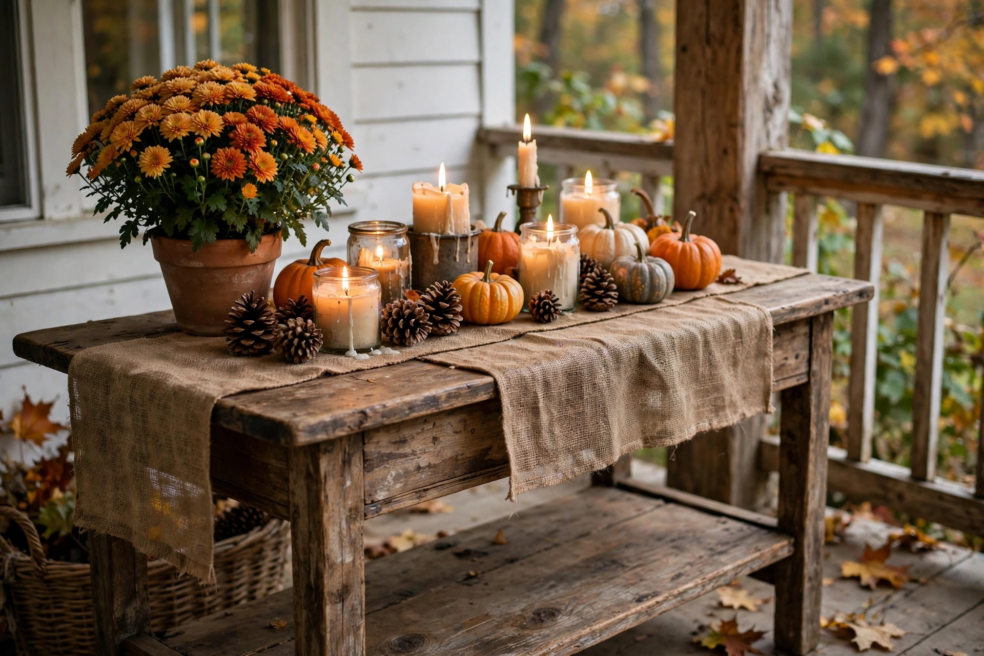 Burlap runner on a porch table with candles, pumpkins, and pinecones.