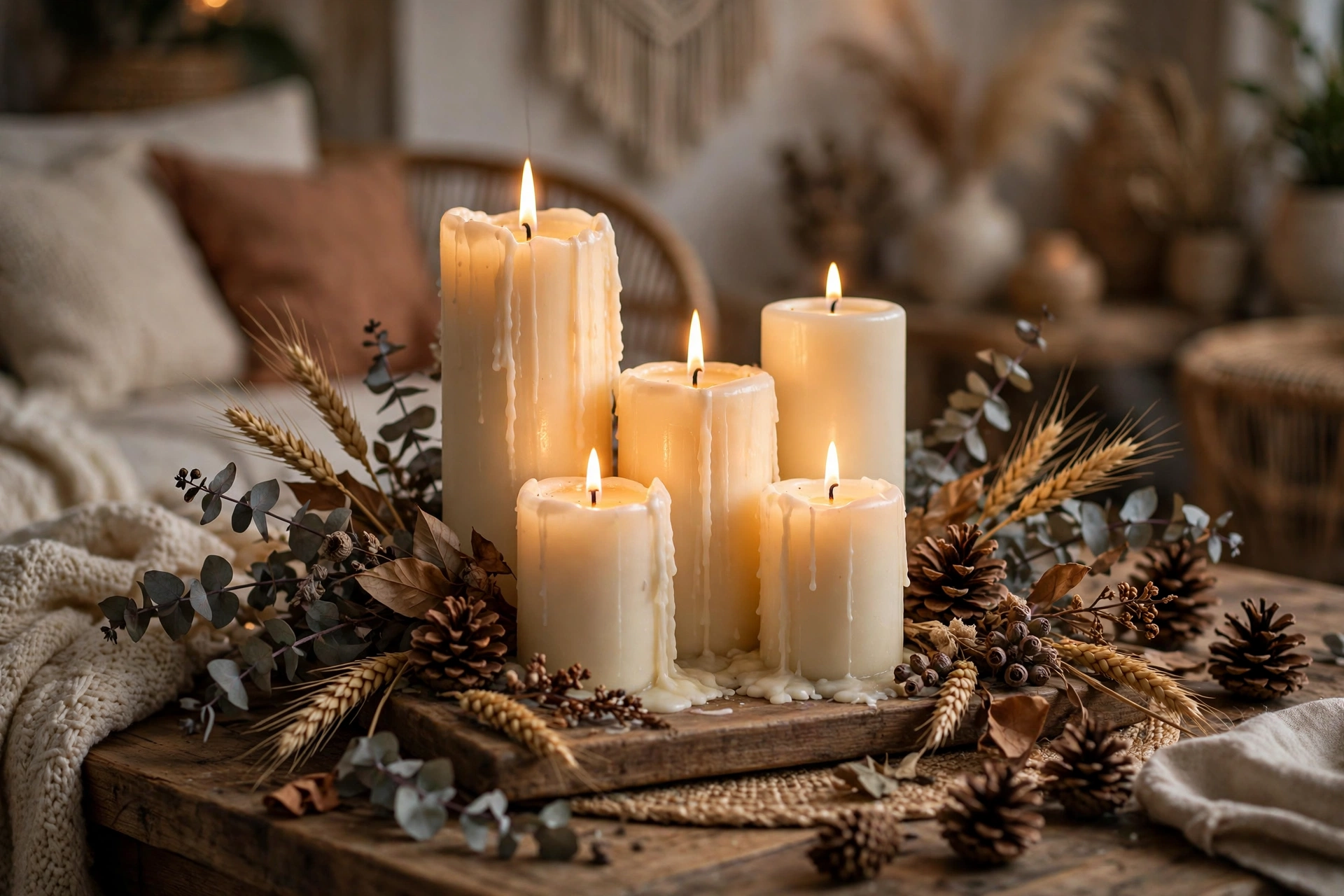A cluster of pillar candles surrounded by dried eucalyptus and pinecones on a tray