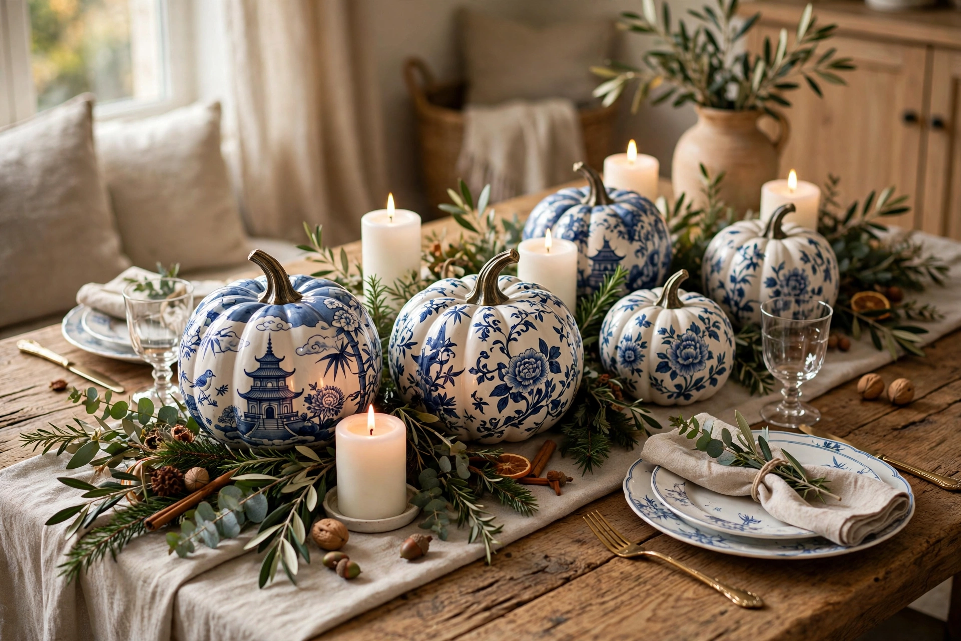 Blue and white chinoiserie pumpkins — Thanksgiving centerpiece idea