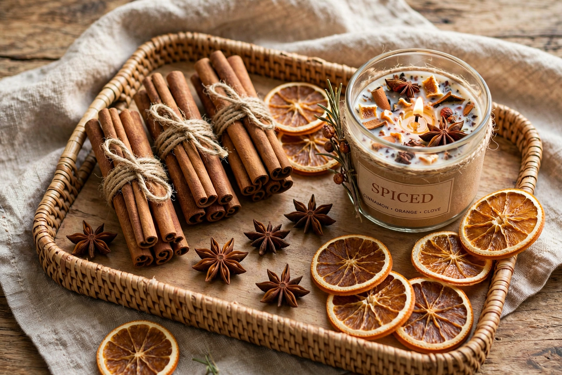 Tray with cinnamon stick bundles, star anise, dried orange slices, and a spiced candle.