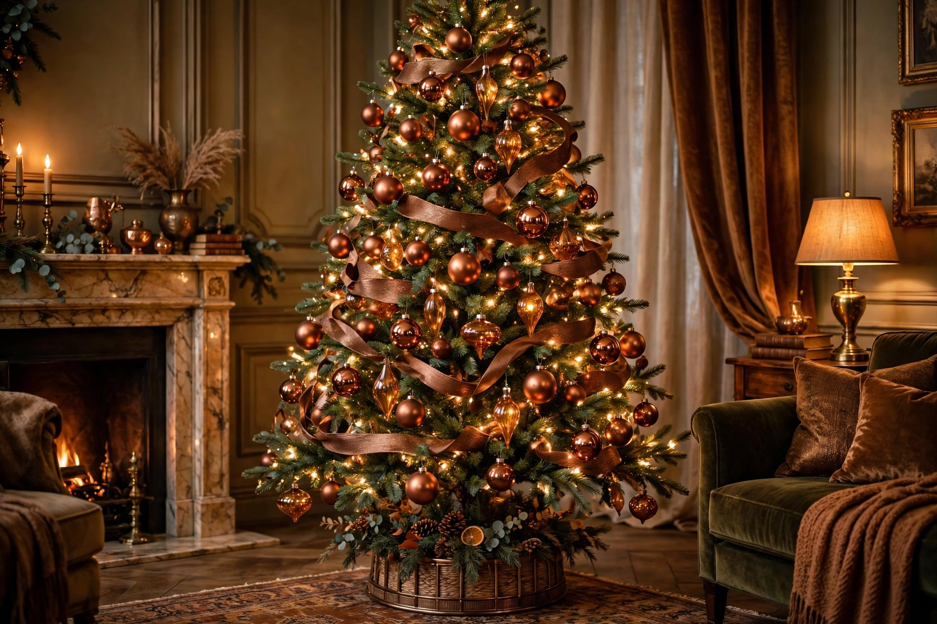 copper and bronze metallic Christmas tree with warm elegant metallic ornaments