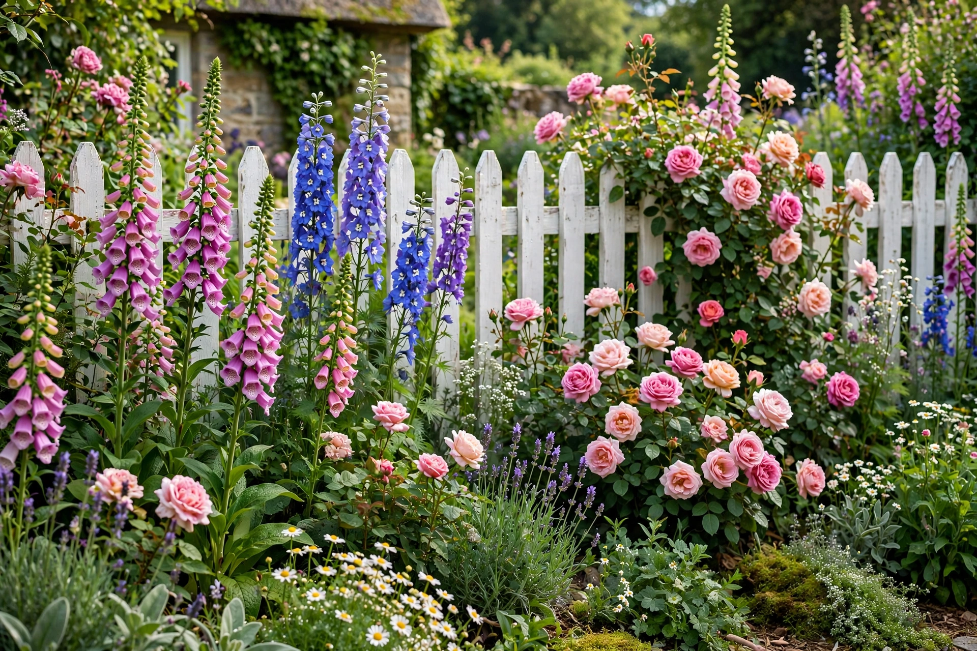 A lush cottage garden border with roses, delphiniums, and foxgloves along a picket fence.