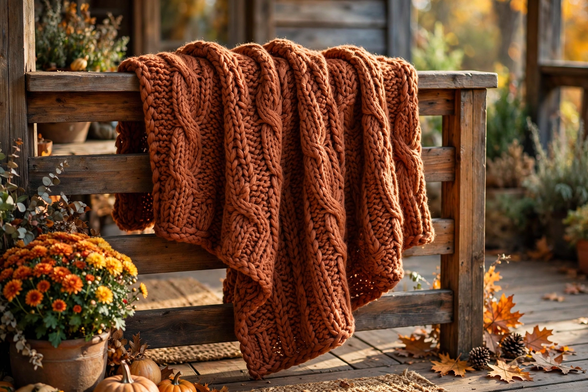 Chunky knit throw in rust draped over a wooden porch railing.