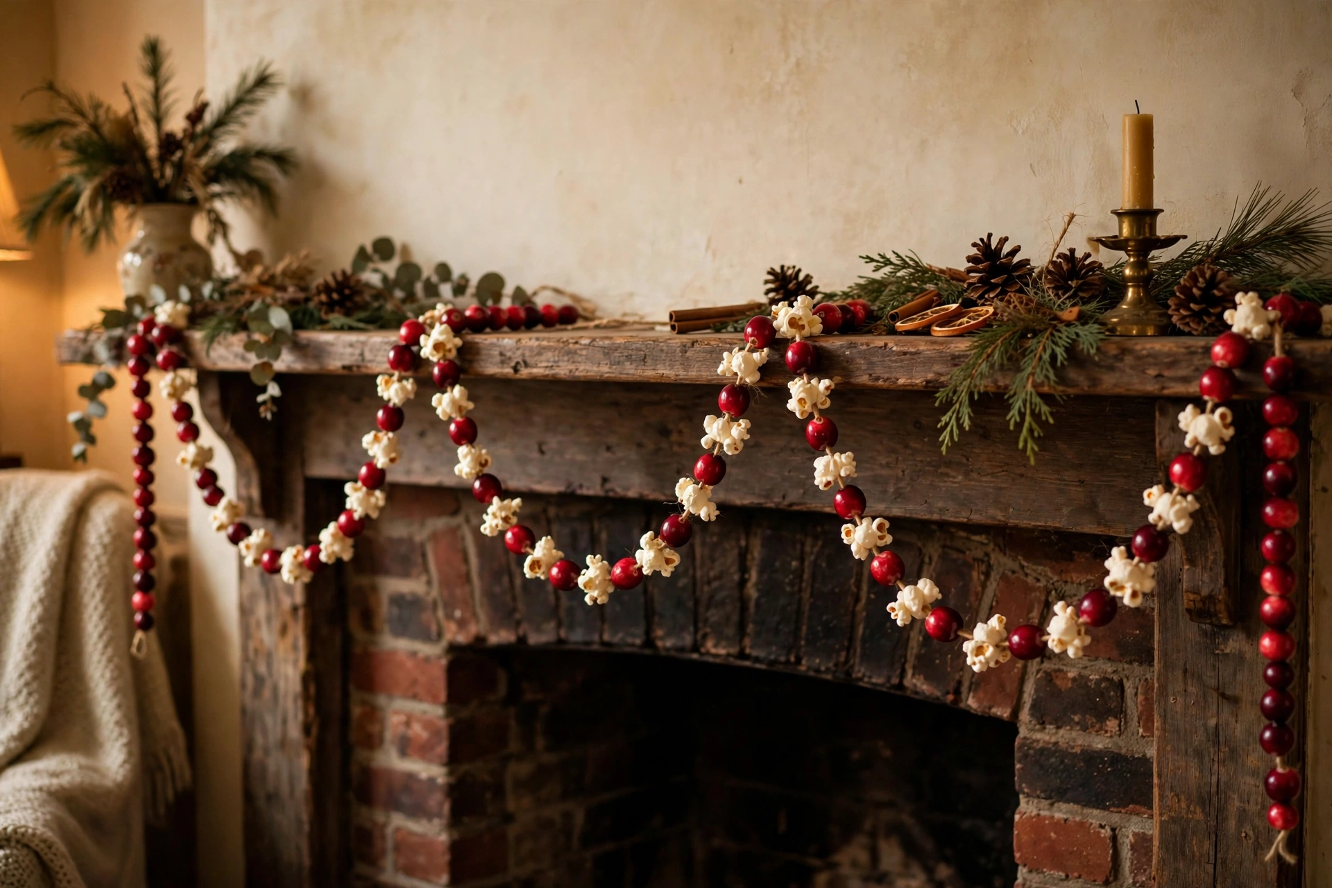 Strand of red cranberries and white popcorn draped in swags over a mantel.
