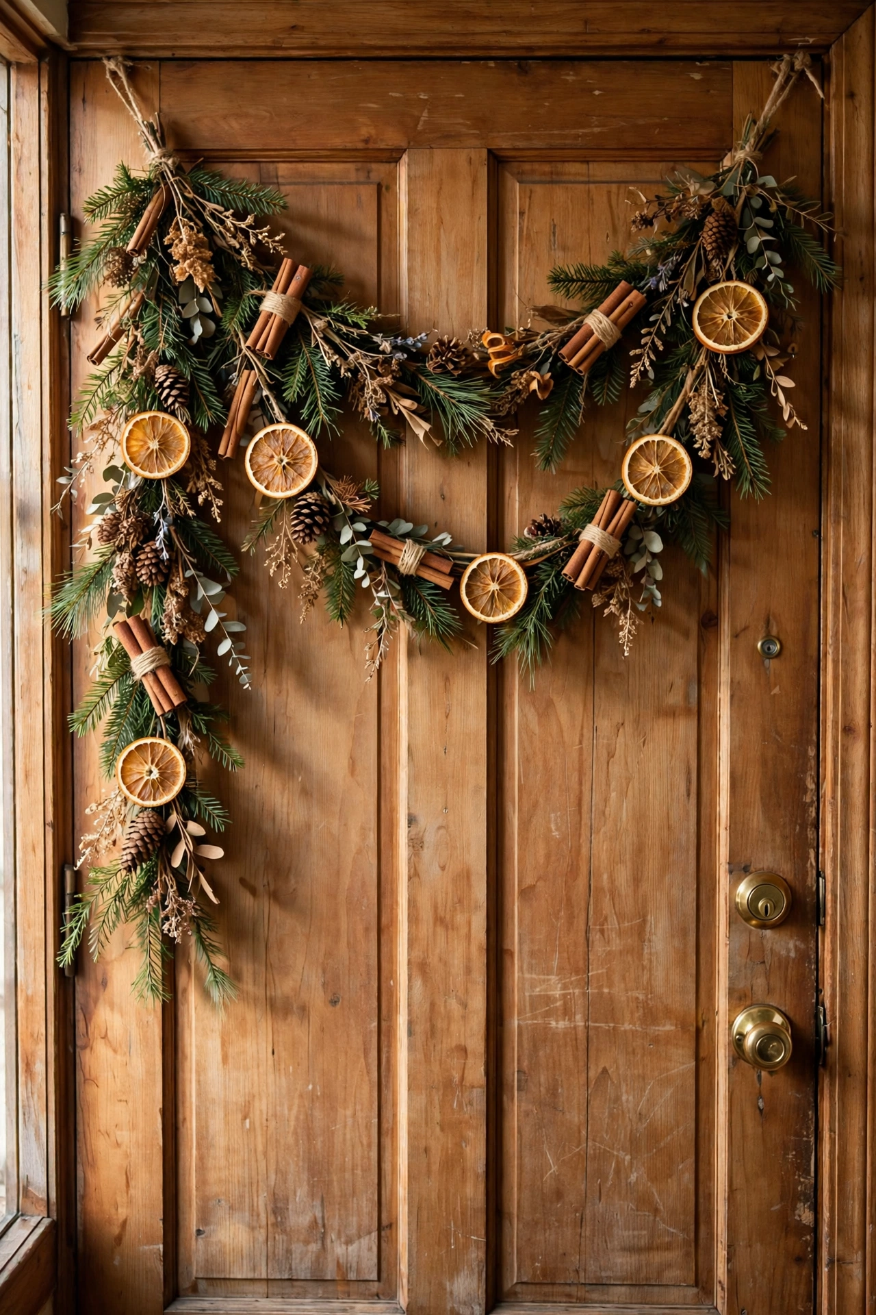 Boho garland of dried orange slices, cinnamon sticks, and pine sprigs draped on a natural wood apartment door.