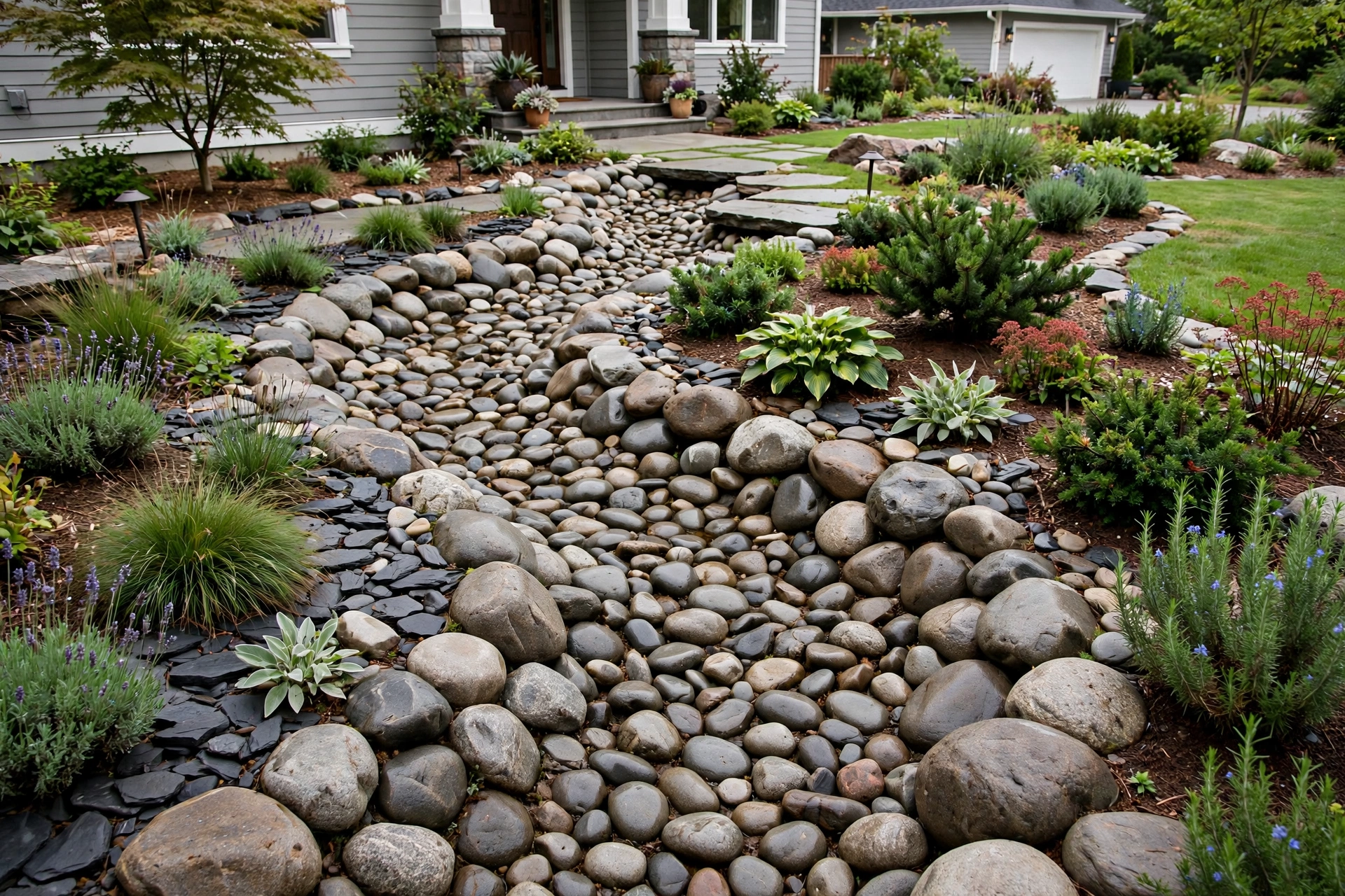 Dry creek bed of smooth river rocks winding through a landscaped front yard.