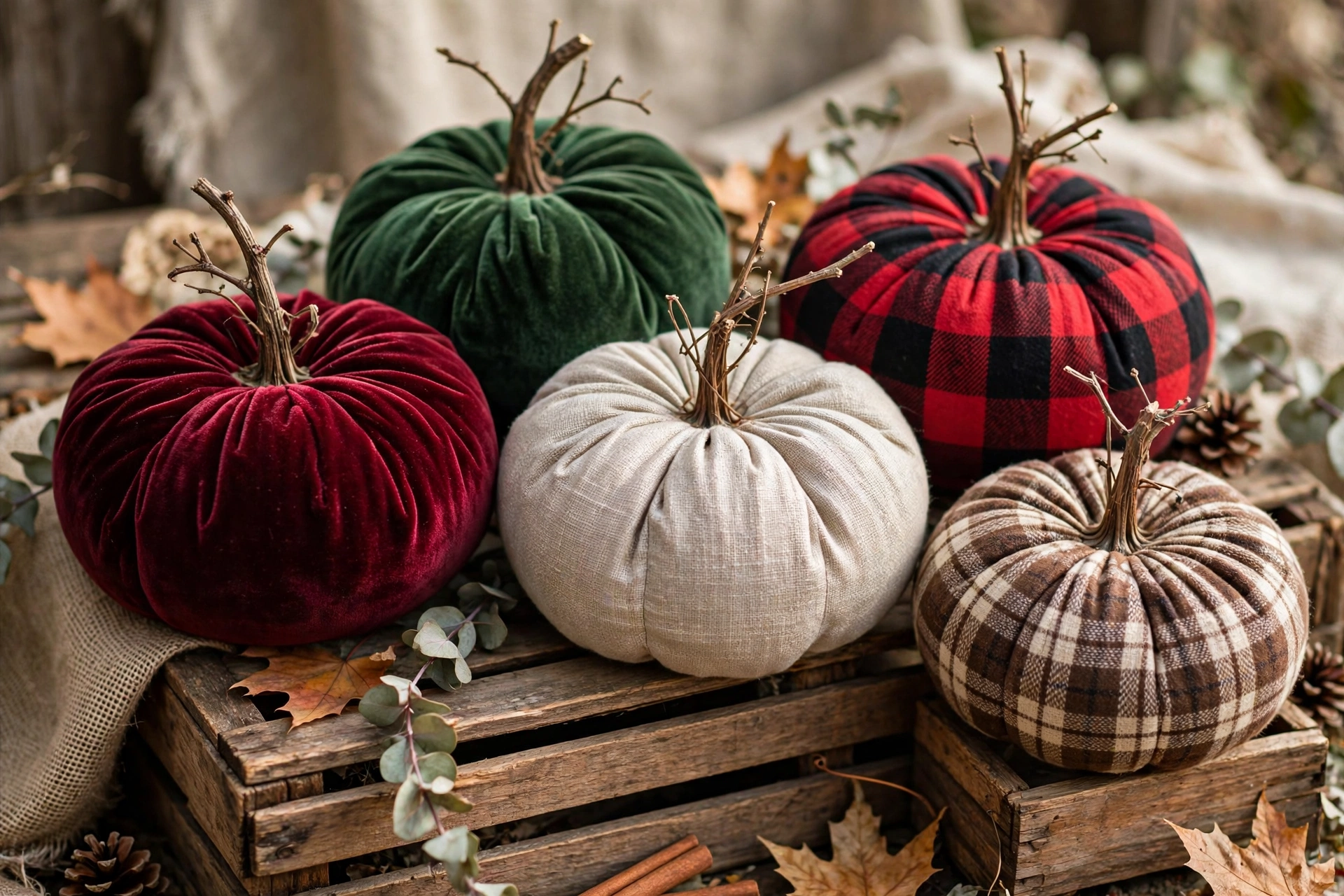 Assortment of fabric pumpkins in velvet, linen and plaid with twig stems on a wooden crate.