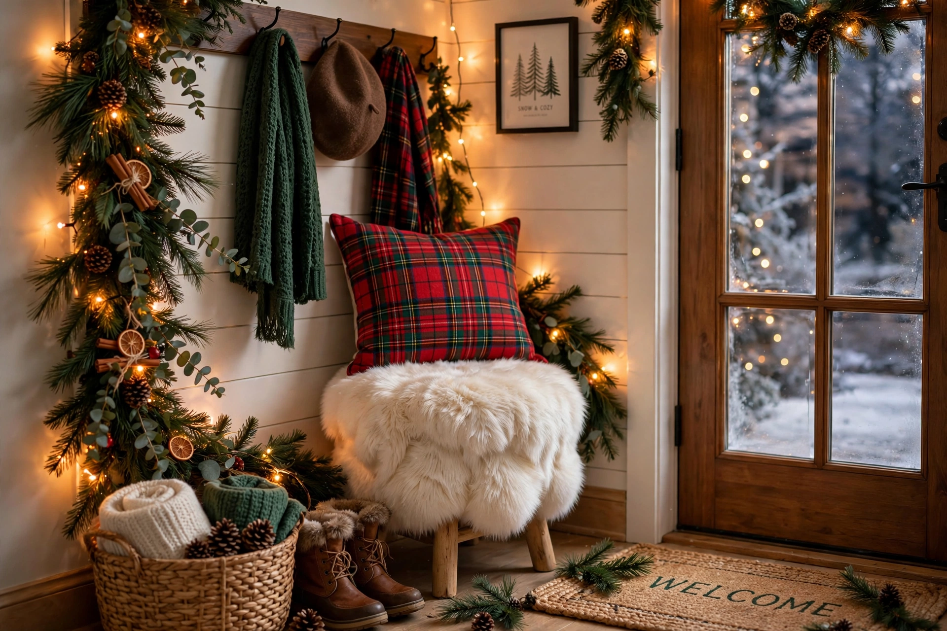 Faux fur stool with a festive pillow in a Christmas entryway