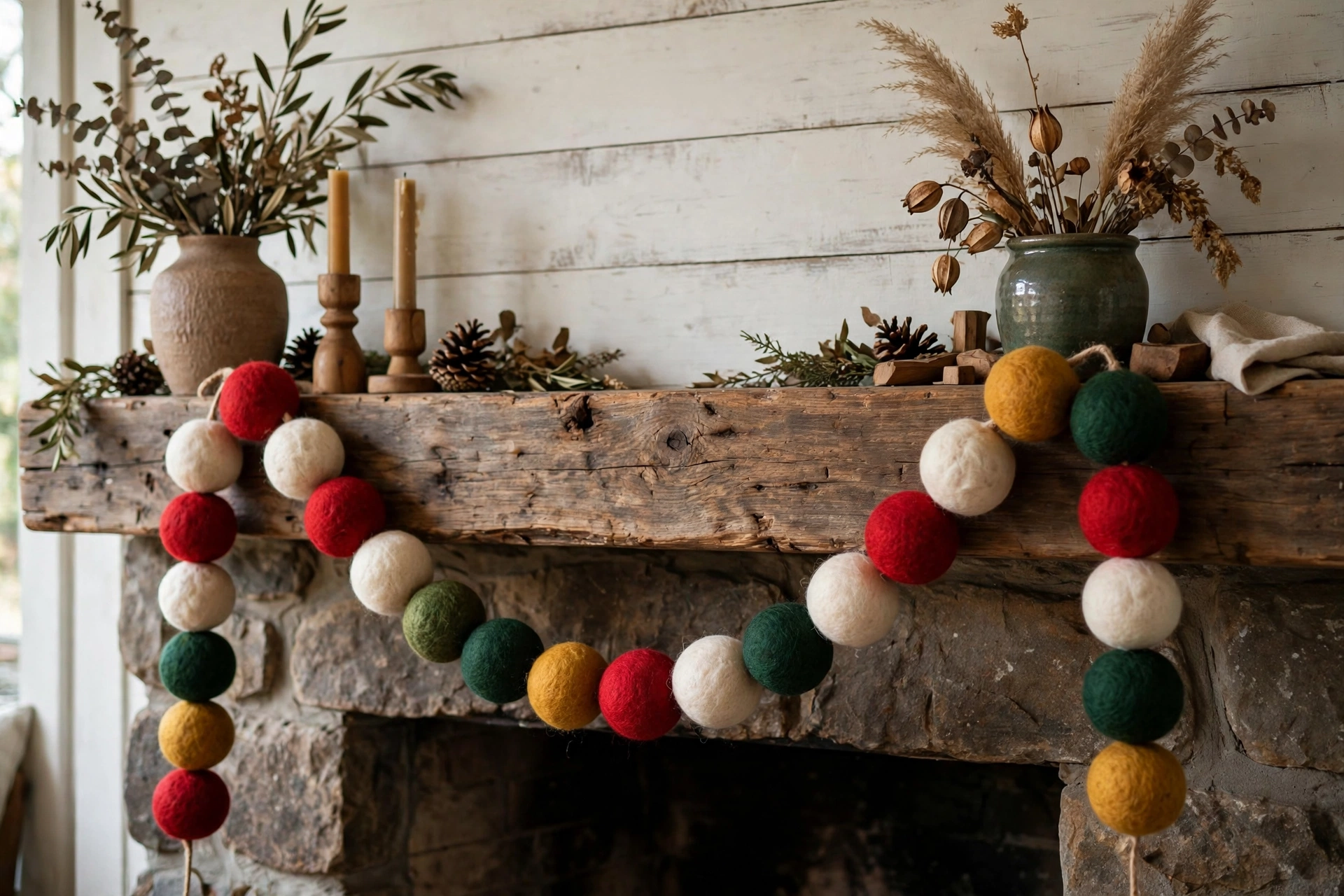 Colorful wool felt ball garland in red, cream, and green draped across a mantel.