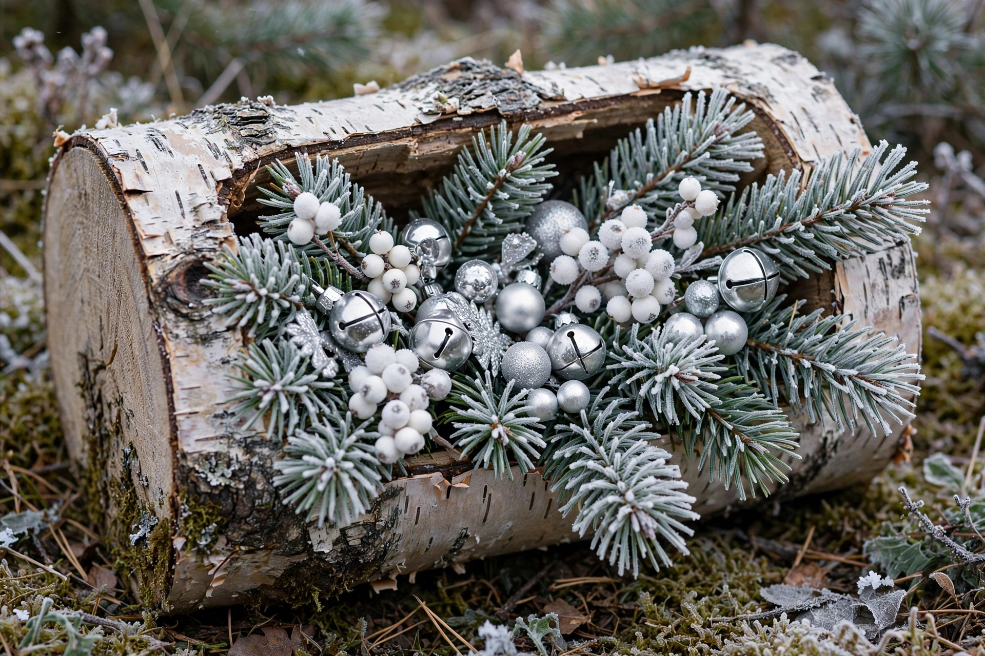 Hollow birch log filled with frosted pine, white berries and silver ornaments.