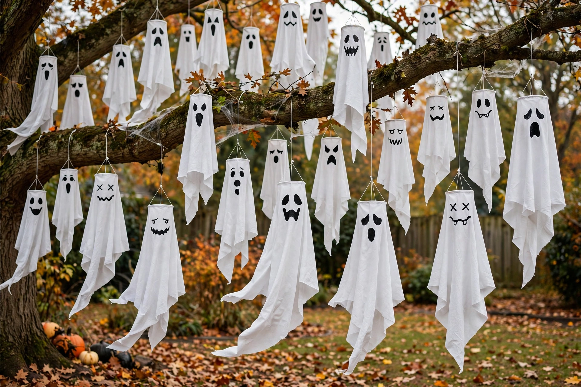 Dozens of white ghost windsocks with painted faces hanging from a large tree branch.
