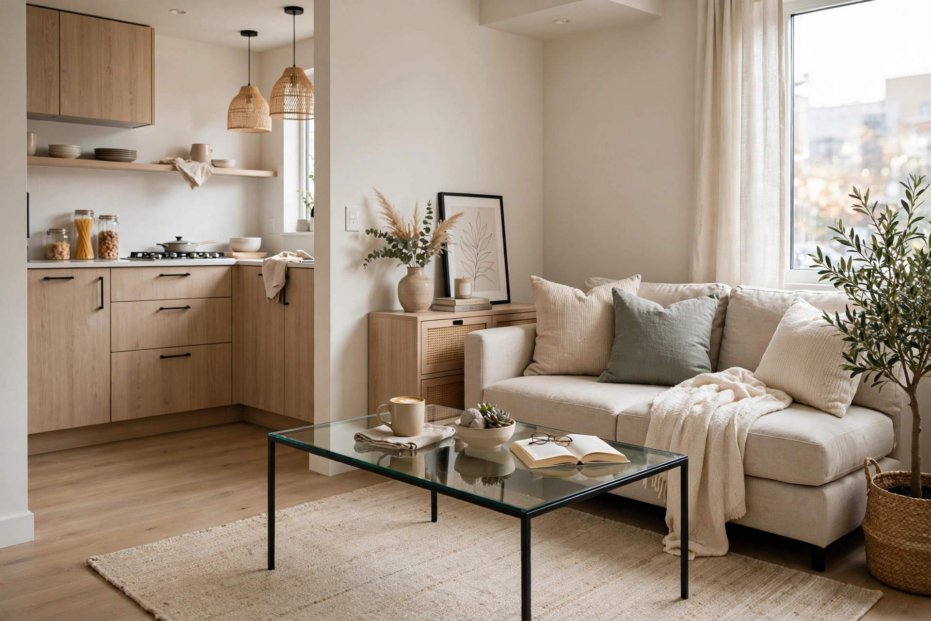 Glass coffee table on a light rug in a compact open plan living zone.