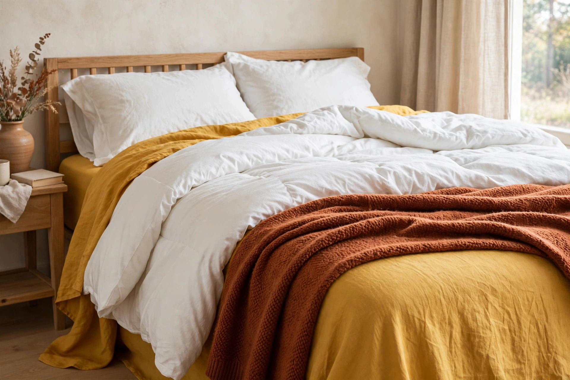 Goldenrod yellow sheets with a white duvet and a rust throw blanket on a bed.