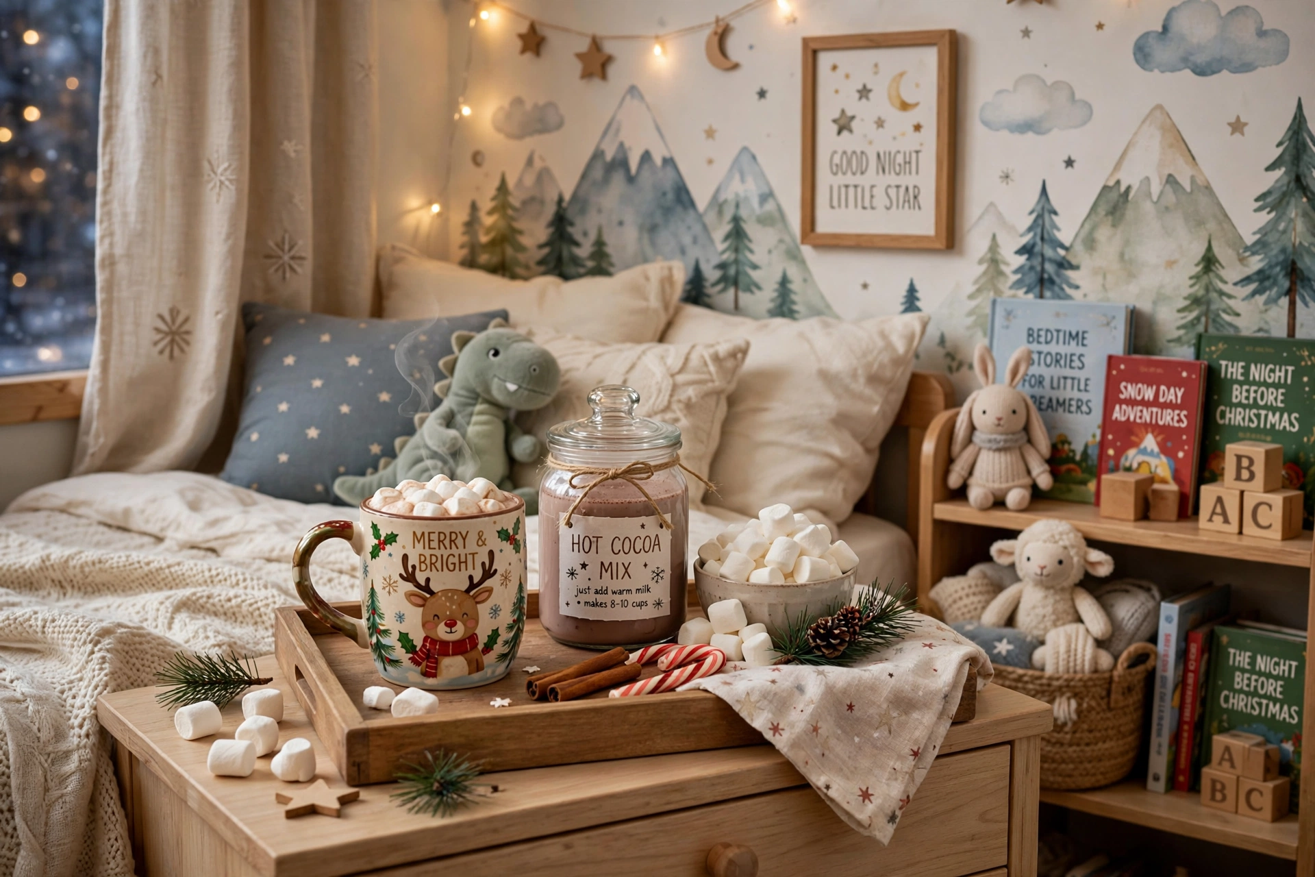Hot cocoa bedside tray — Christmas bedroom idea for kids