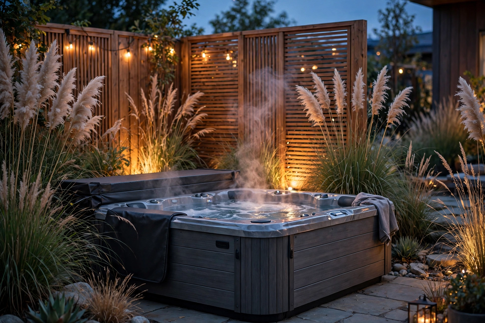A hot tub in a private backyard nook surrounded by tall grasses, a wooden screen, and soft evening lighting
