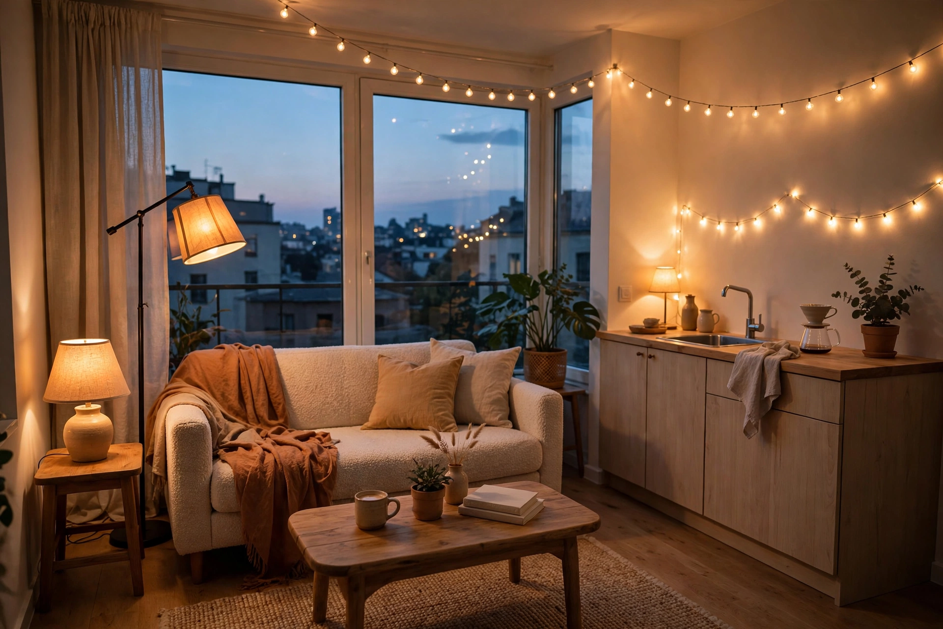 A studio apartment at dusk with a floor lamp, table lamp, and warm string lights creating cozy zones