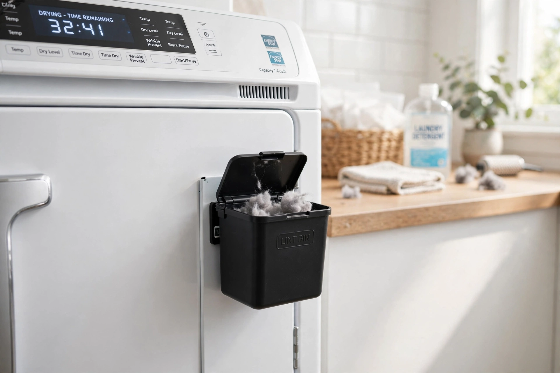 Magnetic lint bin on the washer — small narrow laundry room idea