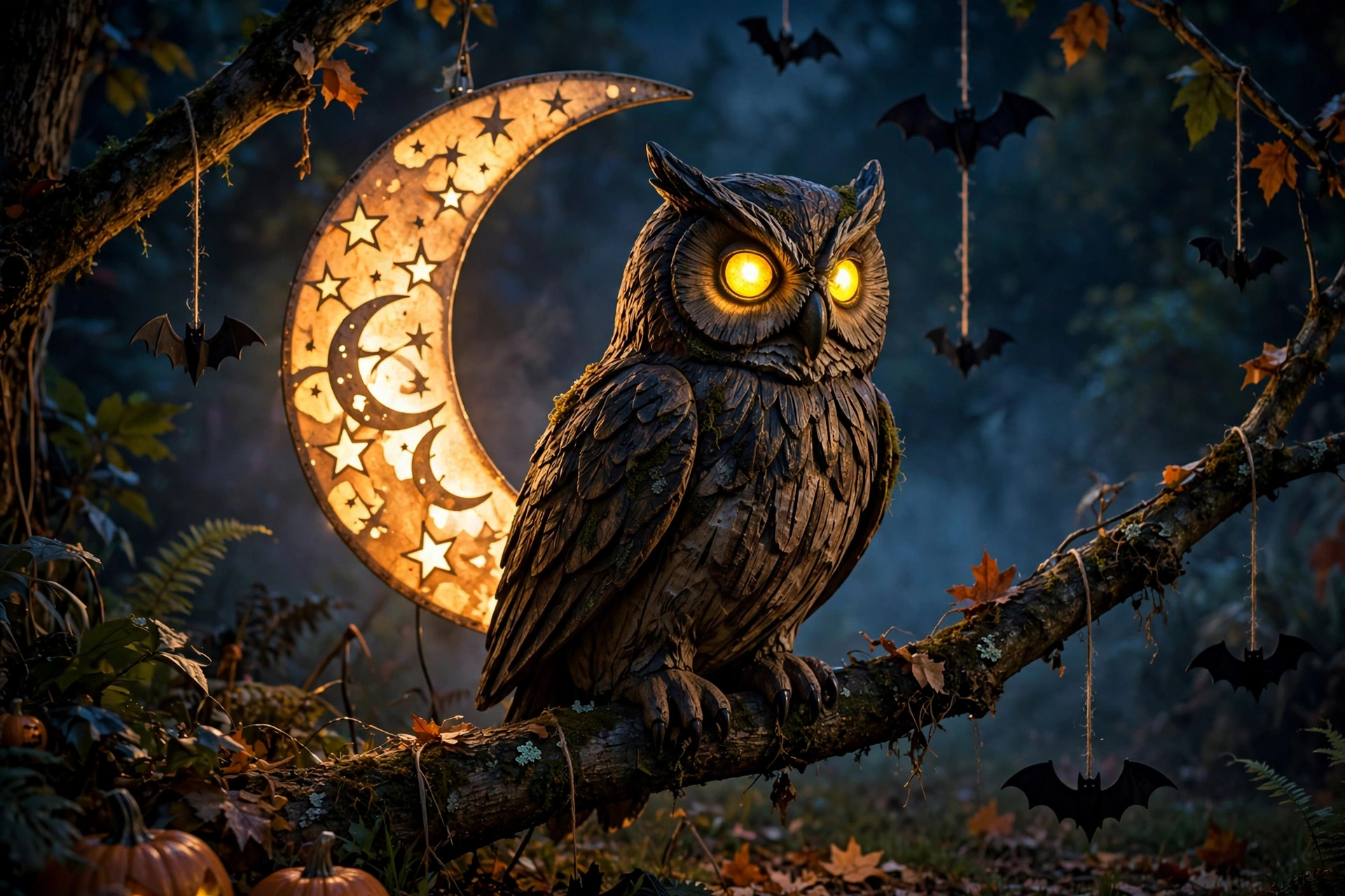Large owl figure with glowing yellow eyes perched on a branch before a lit crescent moon.