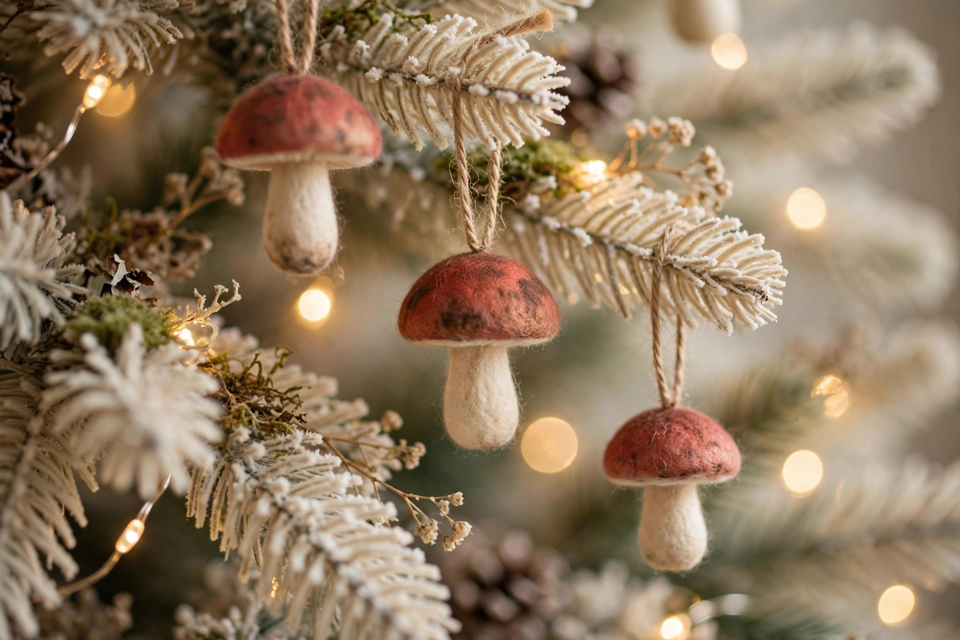 Close-up of small mushroom ornaments hanging on a cream Christmas tree with warm lights.