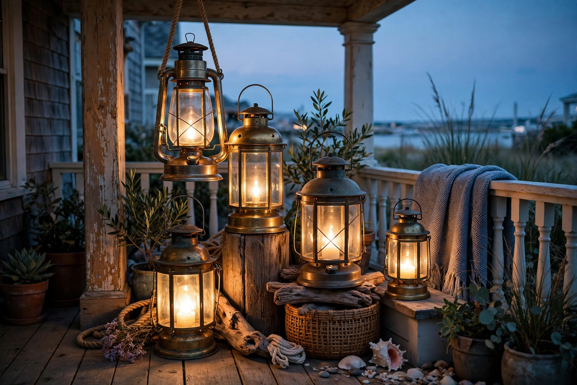 Cluster of nautical lanterns in varying heights glowing on a porch at dusk.