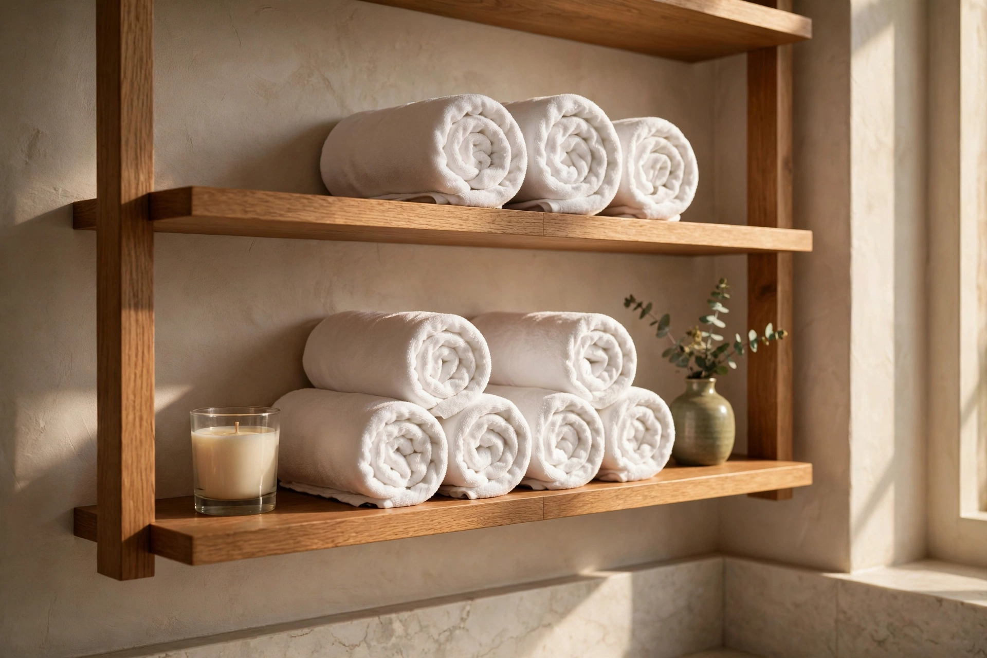Open shelves with rolled towels in a small bathroom — small bathroom decor idea