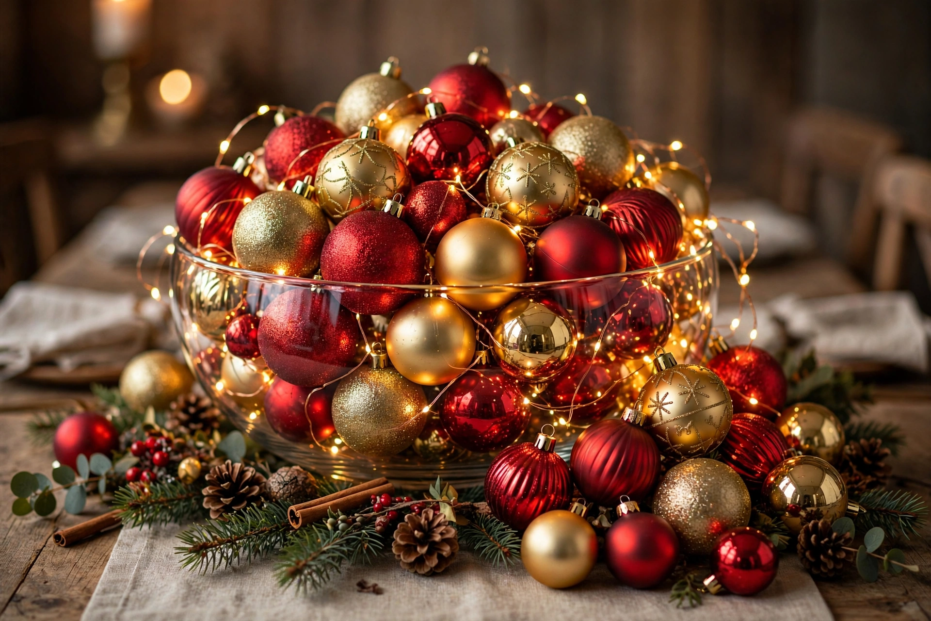 Large glass bowl overflowing with red and gold Christmas ornaments and fairy lights.
