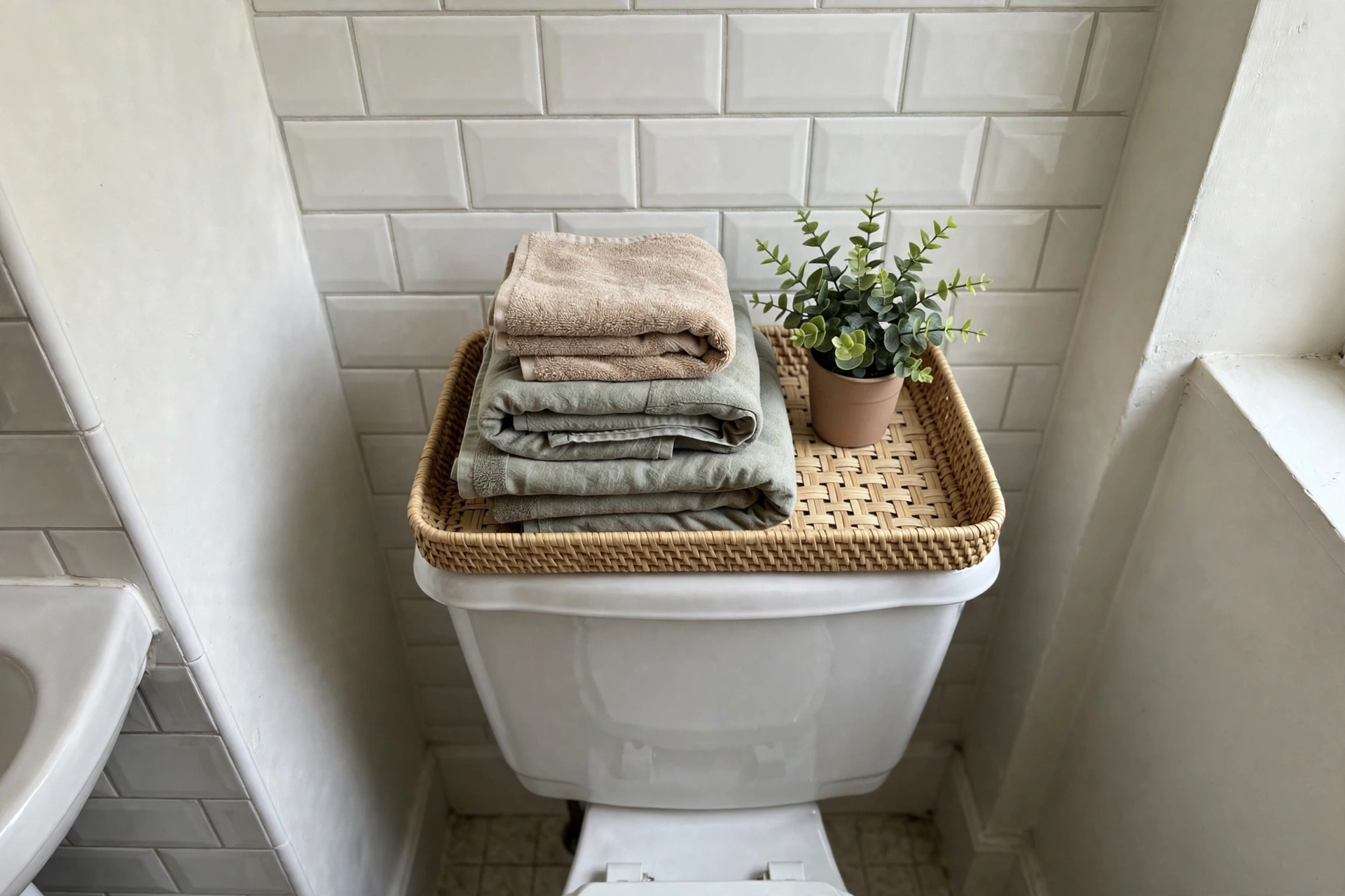 A shallow woven tray on top of a toilet tank holding folded towels and a small plant in a small bathroom, realistic photo, no text