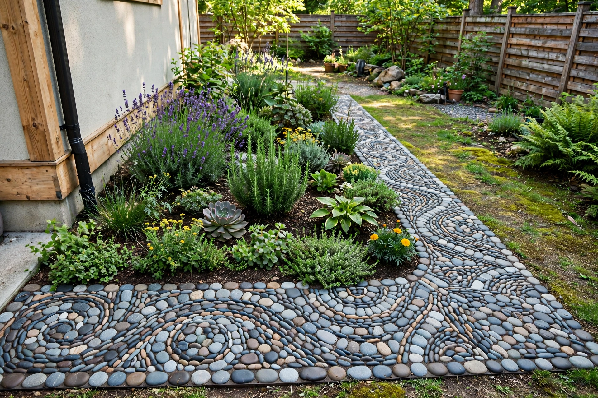 Garden bed edged with a pebble mosaic border of smooth river stones in a landscaped side yard.