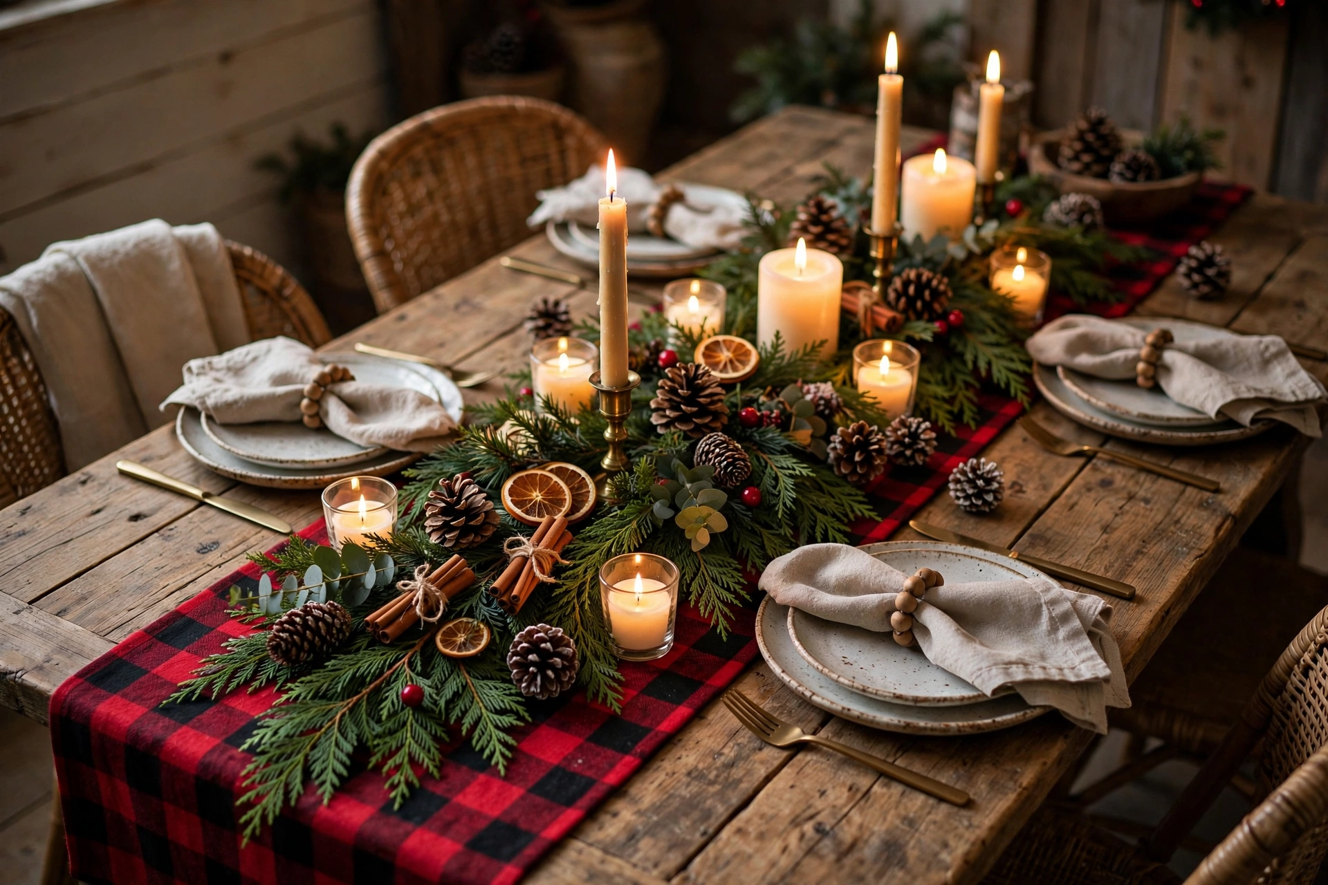 Farmhouse dining table with a red buffalo check runner, cedar garland and candles.