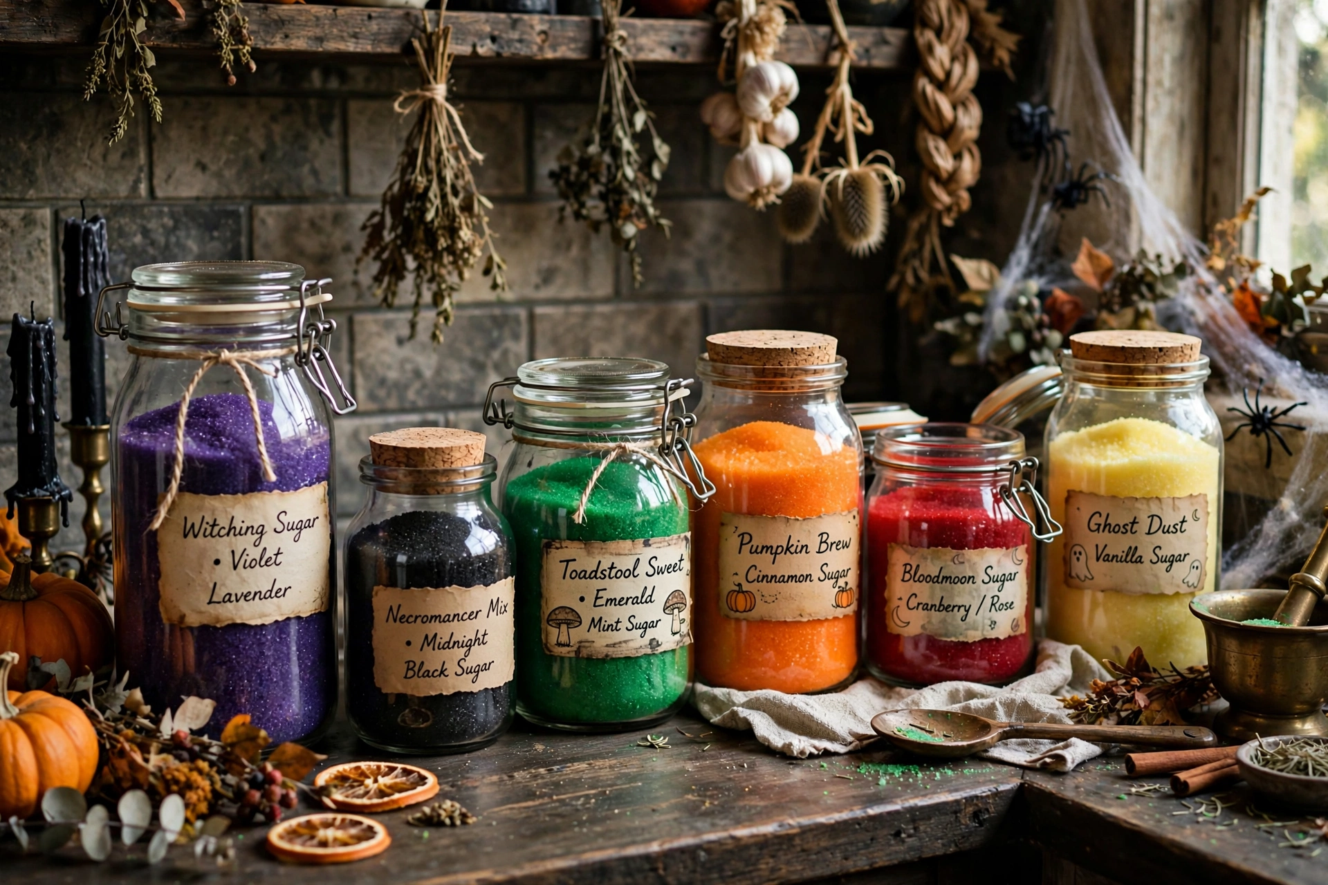Vintage jars labeled with potion names filled with colored sugar on a kitchen counter.