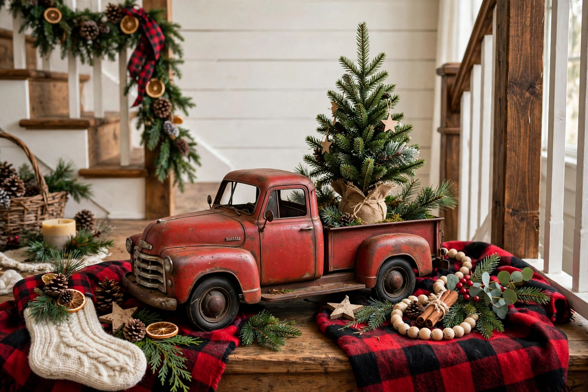 Vintage red pickup truck figurine carrying a Christmas tree on a decorated stair landing.