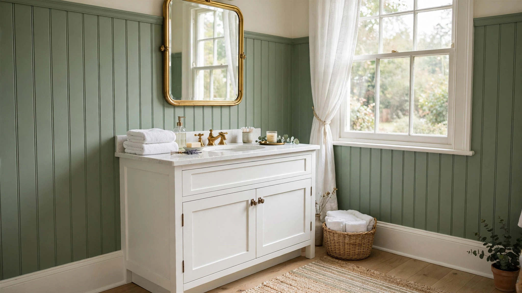 Bathroom with sage green beadboard walls, white vanity, and brass fixtures