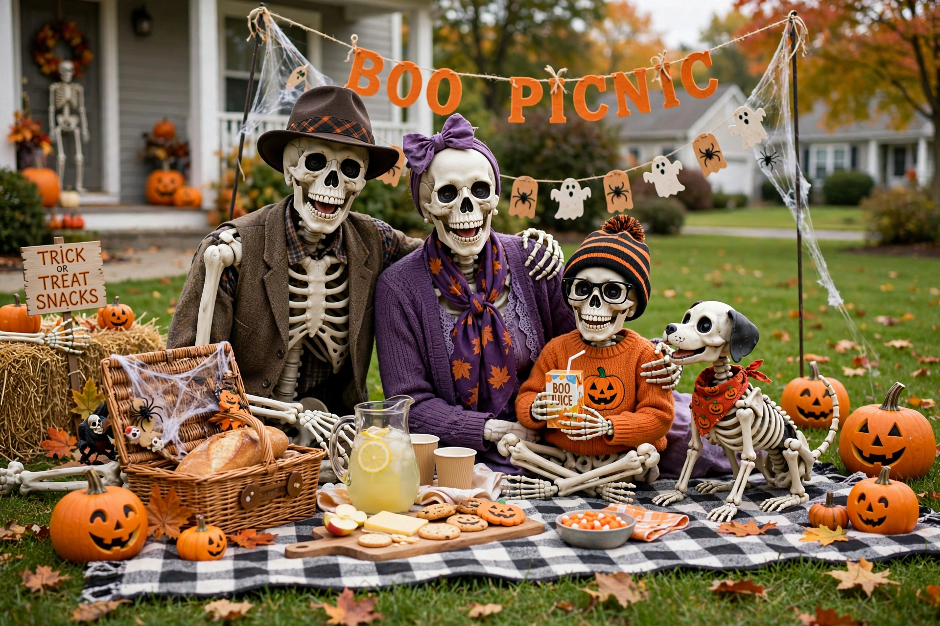 Skeleton family posed having a picnic on a checkered blanket on a front lawn.