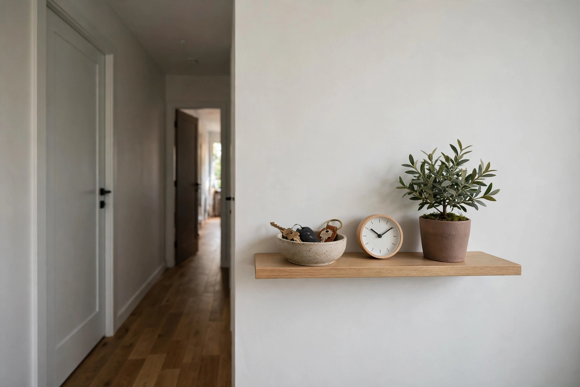 Slim hallway shelf ledge — drop zone idea