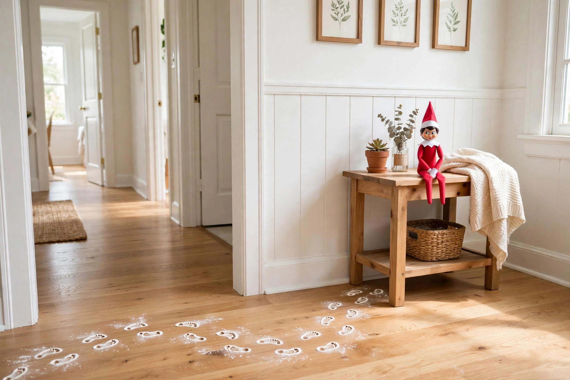 Snowy footprints from the front door — elf on the shelf arrival idea