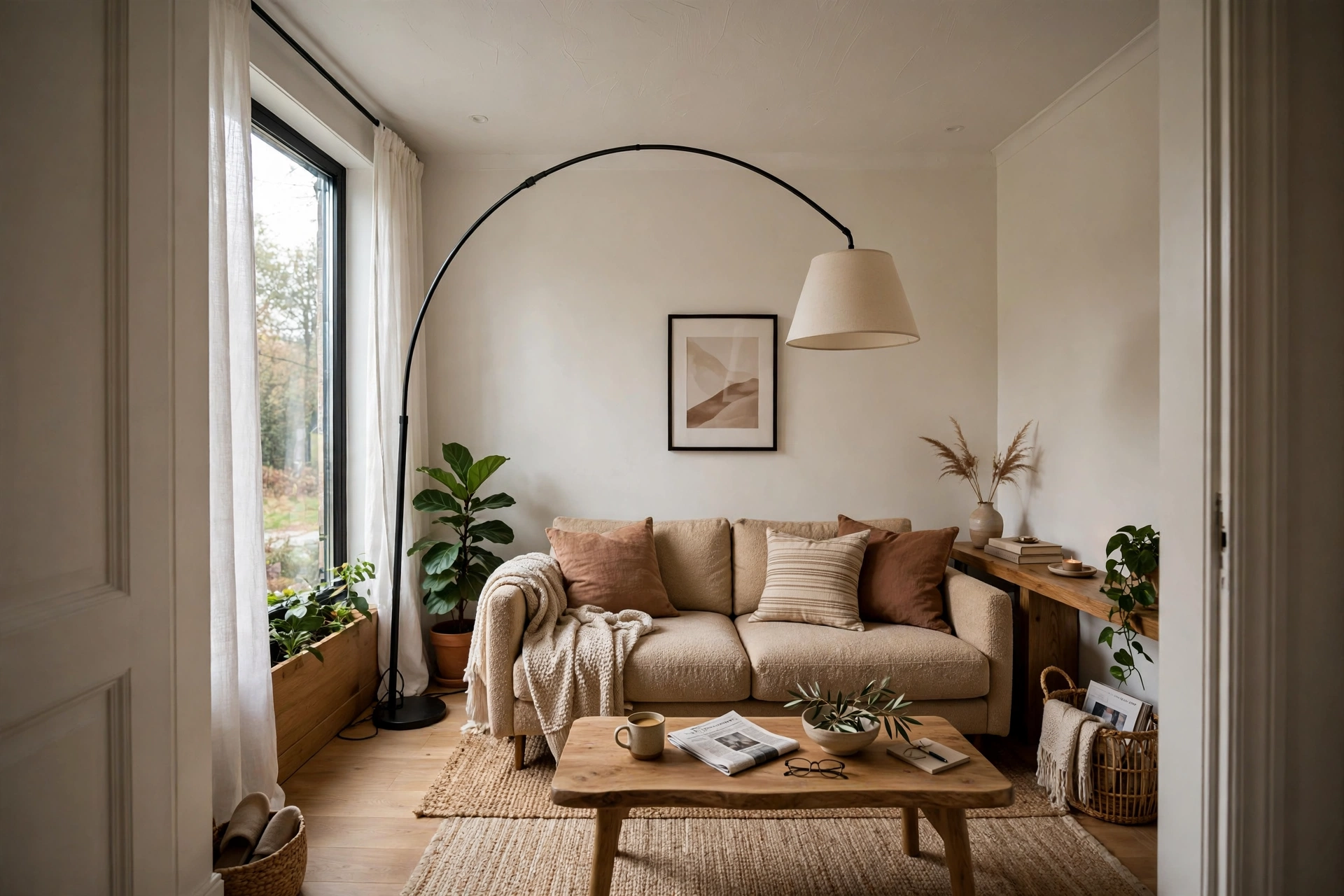 Tall arc floor lamp — narrow living room idea